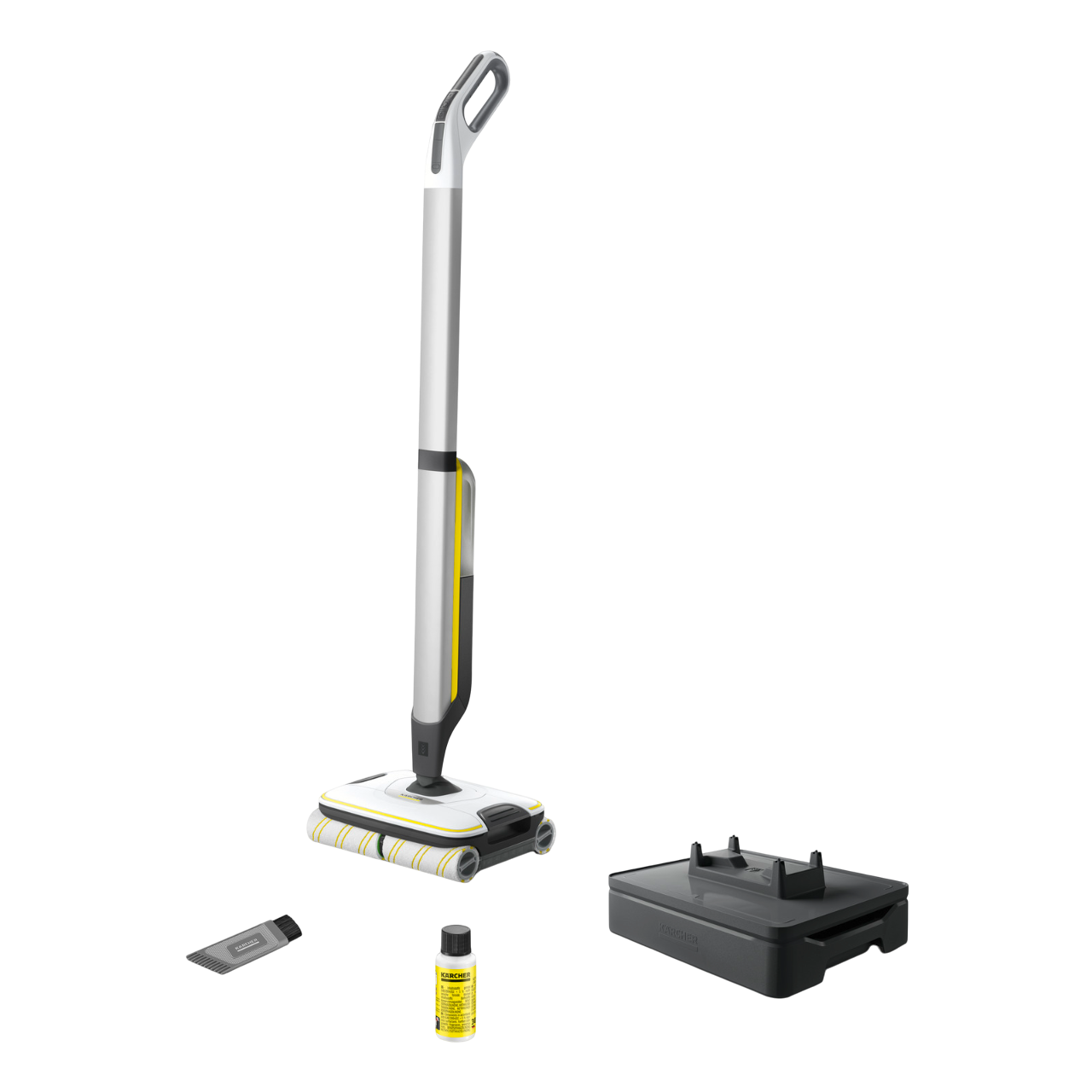Karcher Bodenreiniger, weiß und gelb, mit Zubehör, auf weiß.