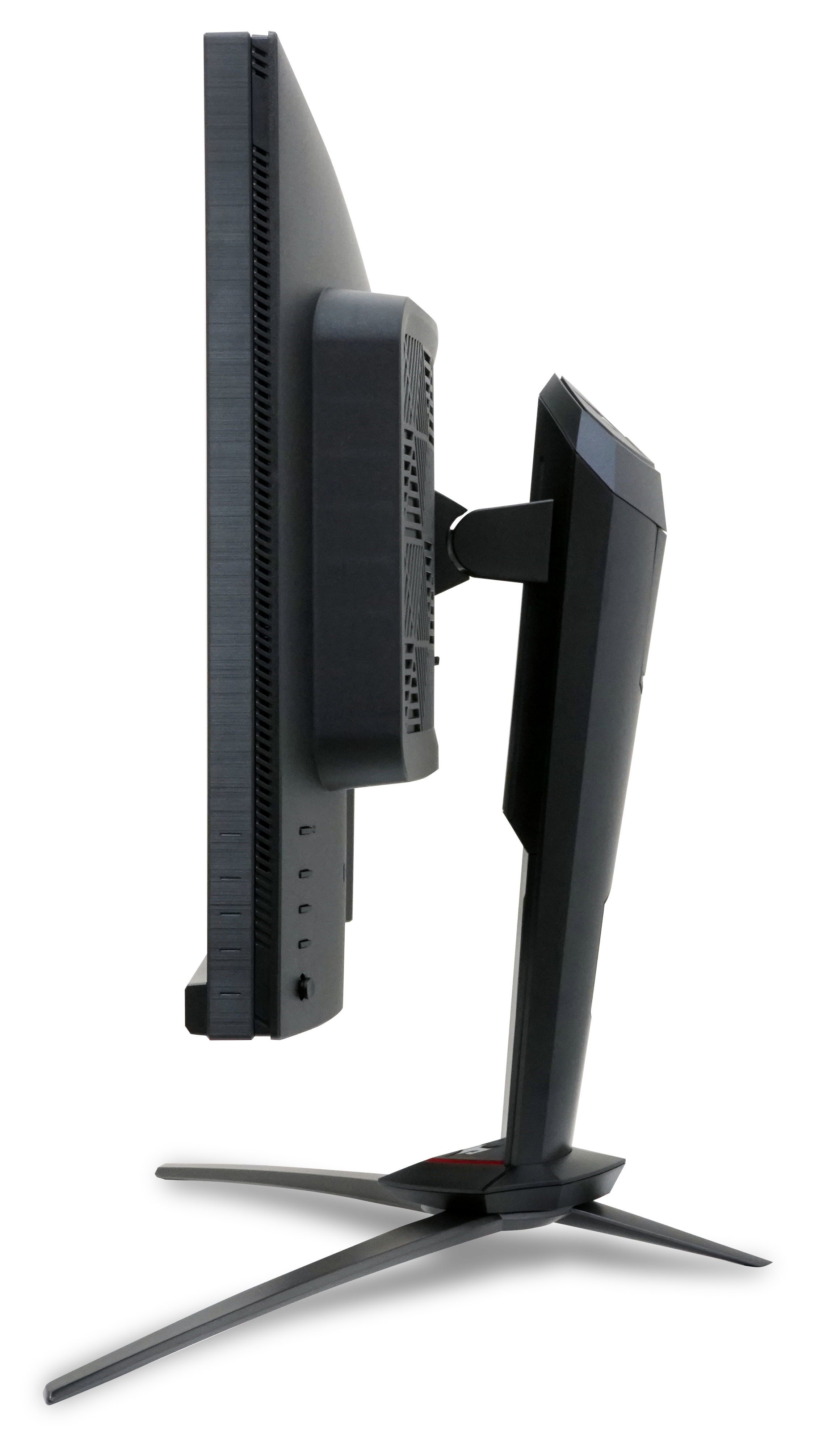 Seitenansicht eines schwarzen Monitors mit Ständer. Der Monitor hat ein schlankes, modernes Design.