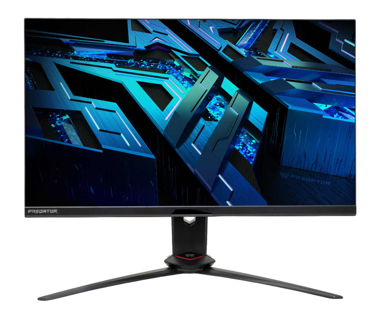 Ein schwarzer Computermonitor mit Predator-Logo und blauem Design.