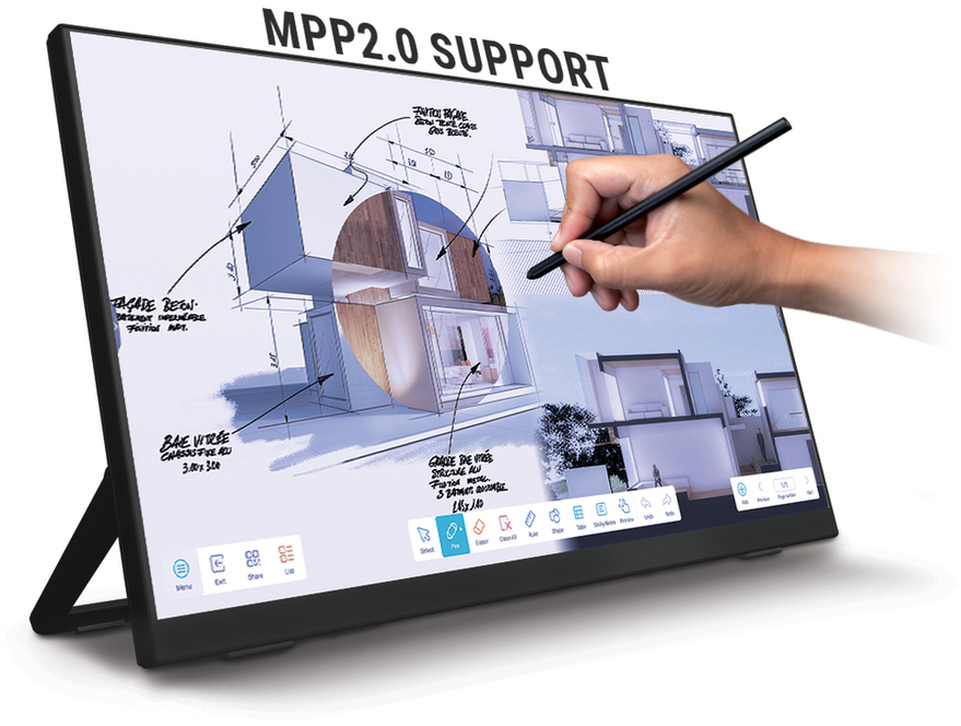 Ein Tablet-Bildschirm mit architektonischem Design mit Stift, weißer Hintergrund.