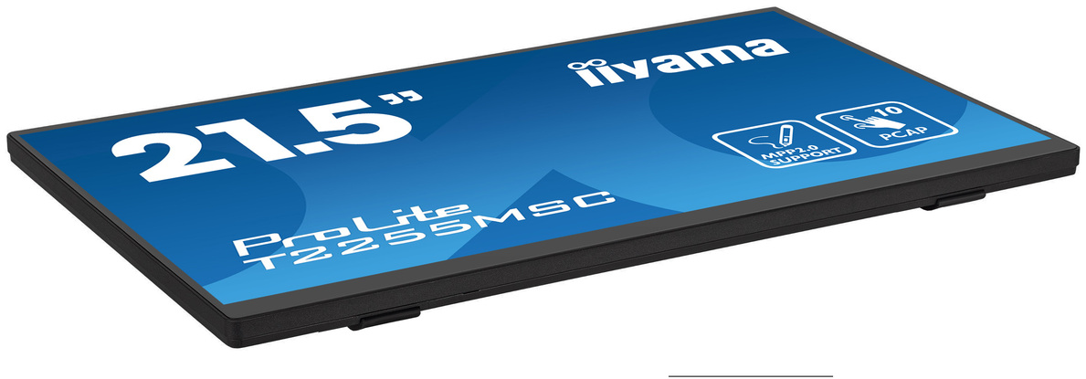 21,5" iiyama ProLite T2255MSC Touchscreen-Monitor, blauer Bildschirm, weißer Hintergrund.