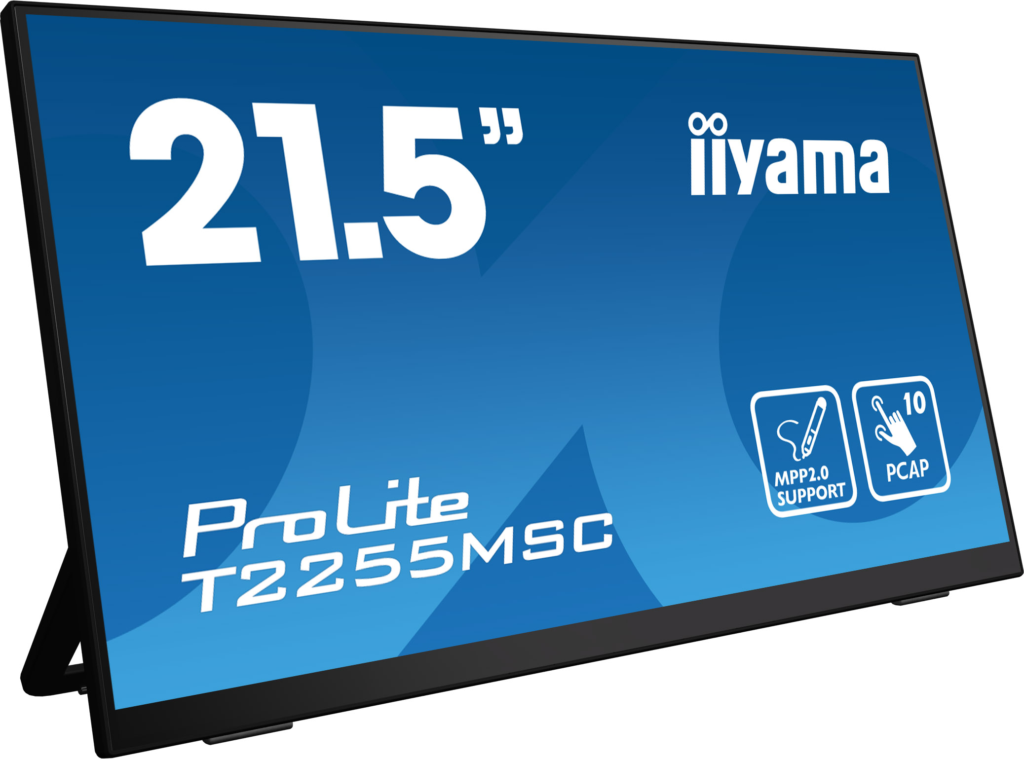 21,5" iiyama ProLite T2255MSC Touchscreen-Monitor, blauer Bildschirm, weißer Hintergrund.