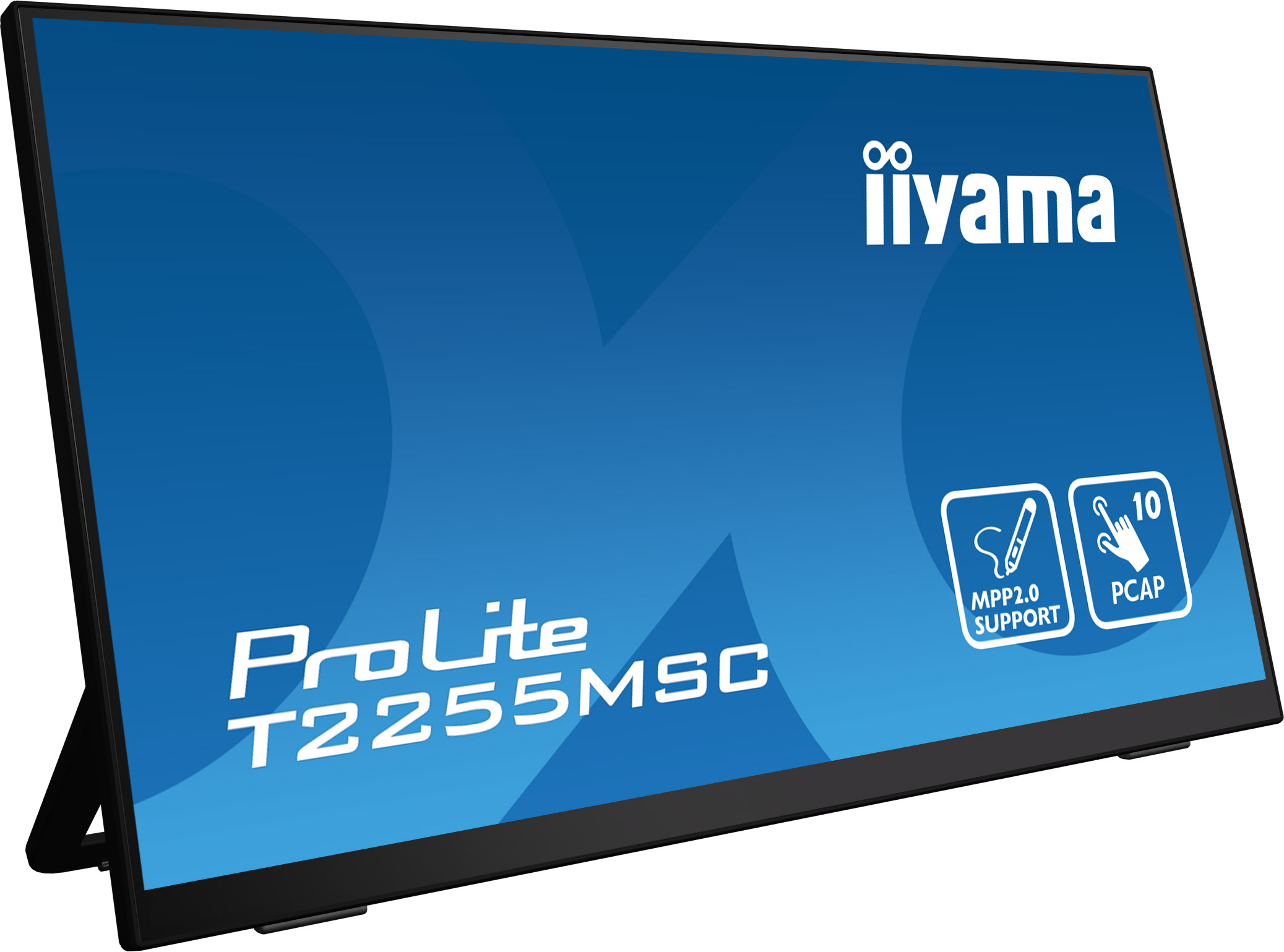 21,5" iiyama ProLite T2255MSC Touchscreen-Monitor, blauer Bildschirm, weißer Hintergrund.