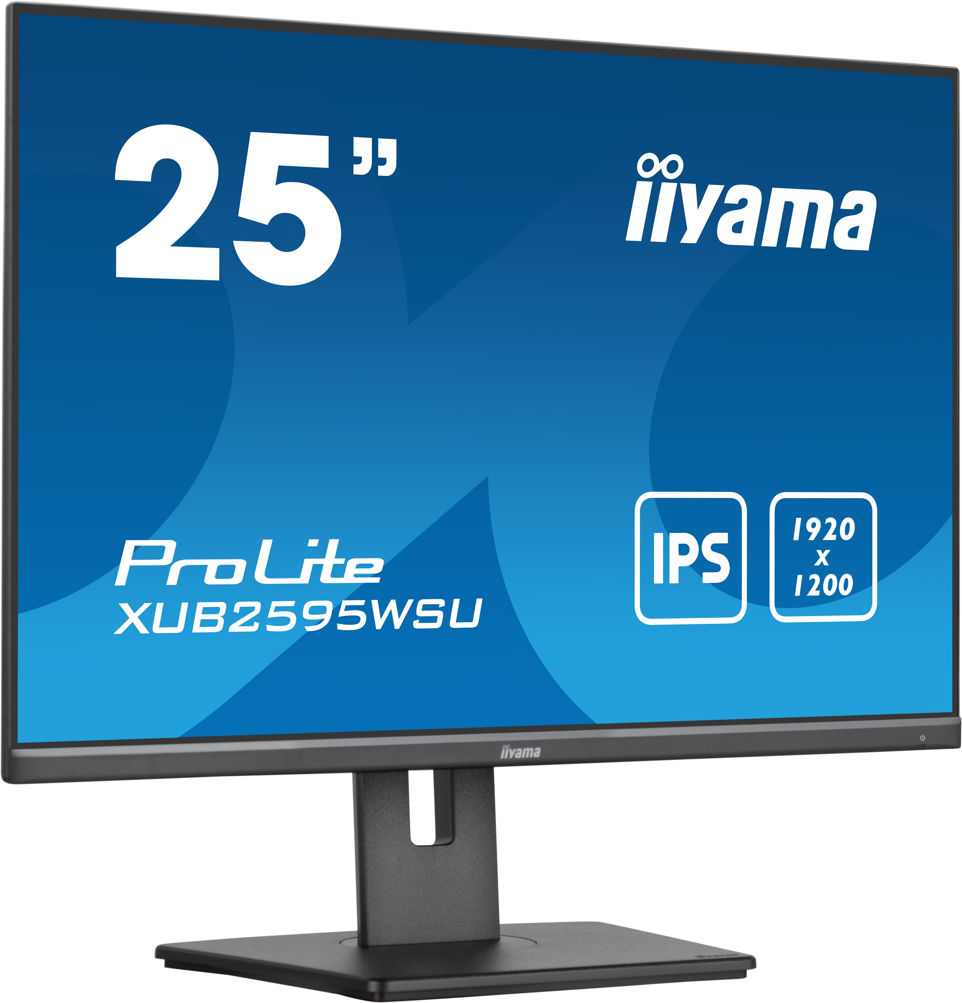 Ein 25-Zoll-Monitor von iiyama mit blauem Bildschirm, auf weißem Hintergrund.
