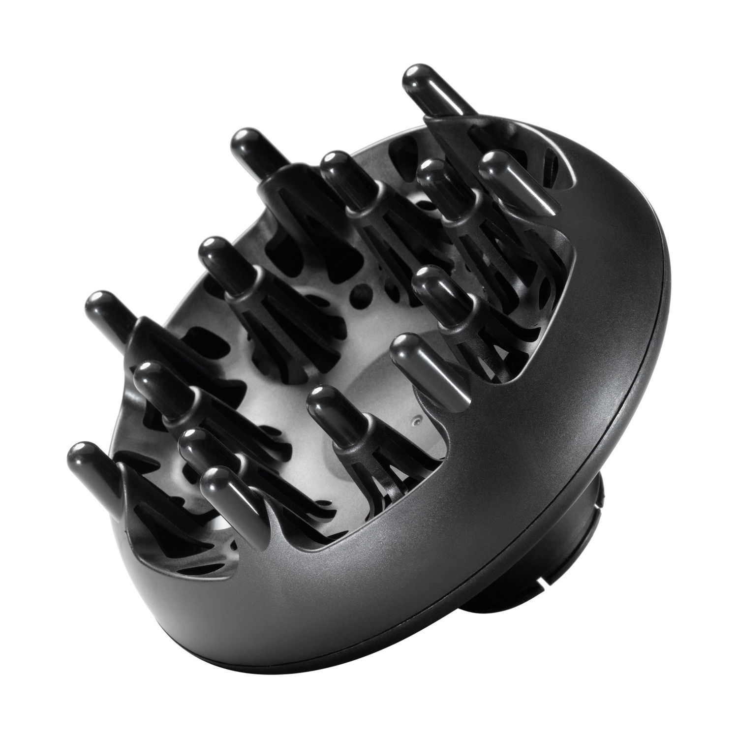 Un accessorio diffusore nero per asciugacapelli su sfondo bianco.