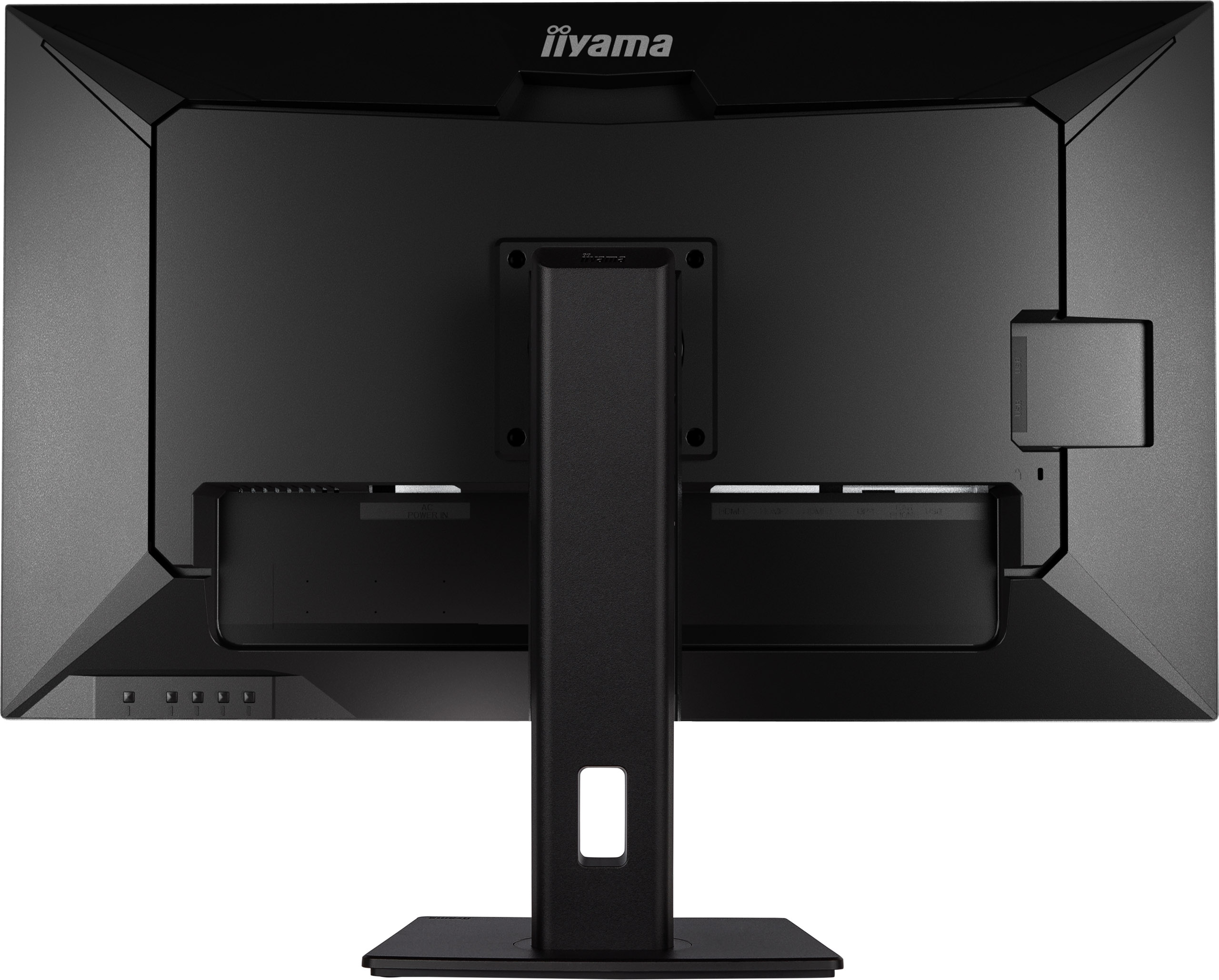 Rückseite eines schwarzen Monitors mit Halterung und Anschlüssen.