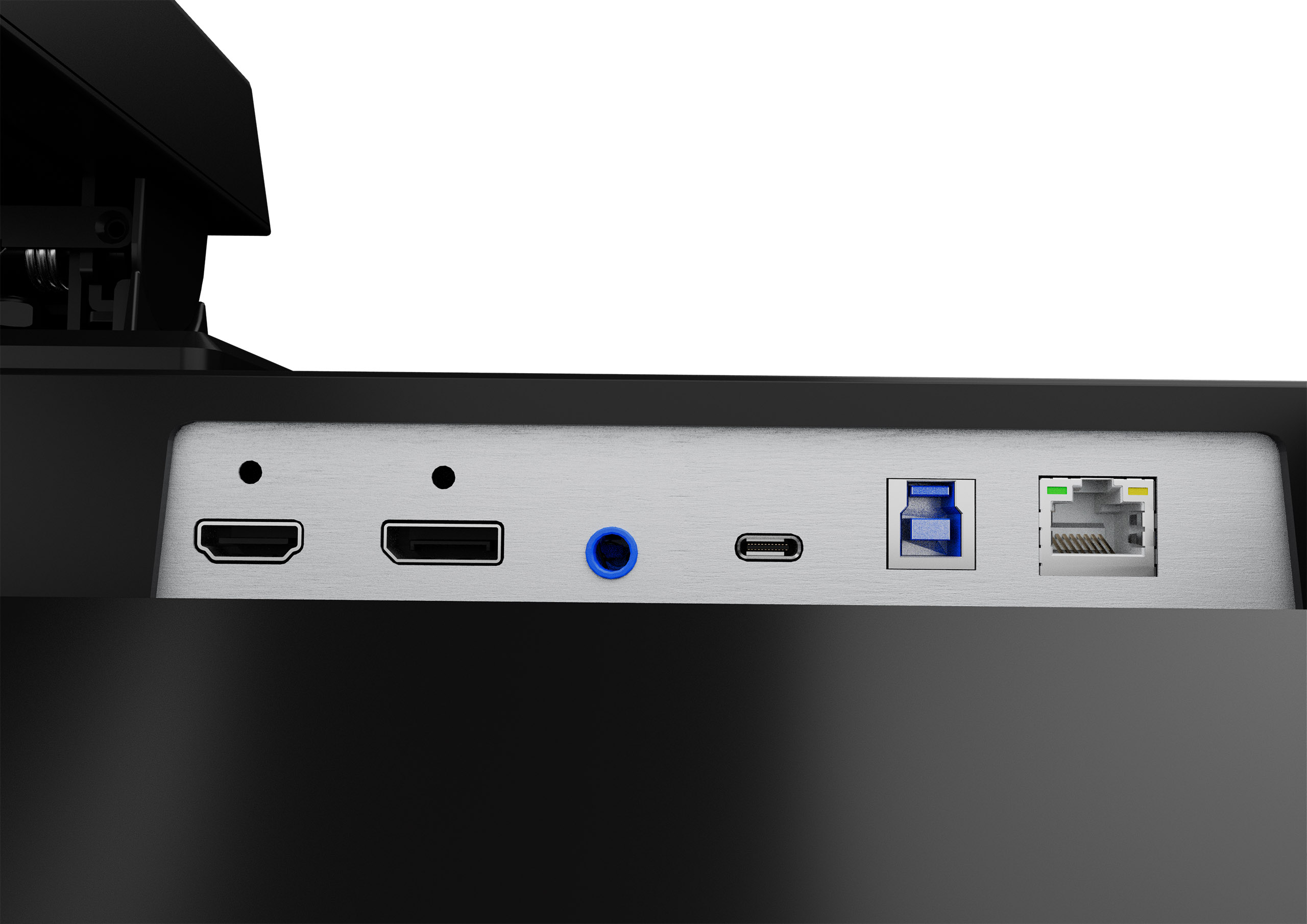 Monitoranschlüsse: HDMI, USB, Audio, USB-C und Ethernet.