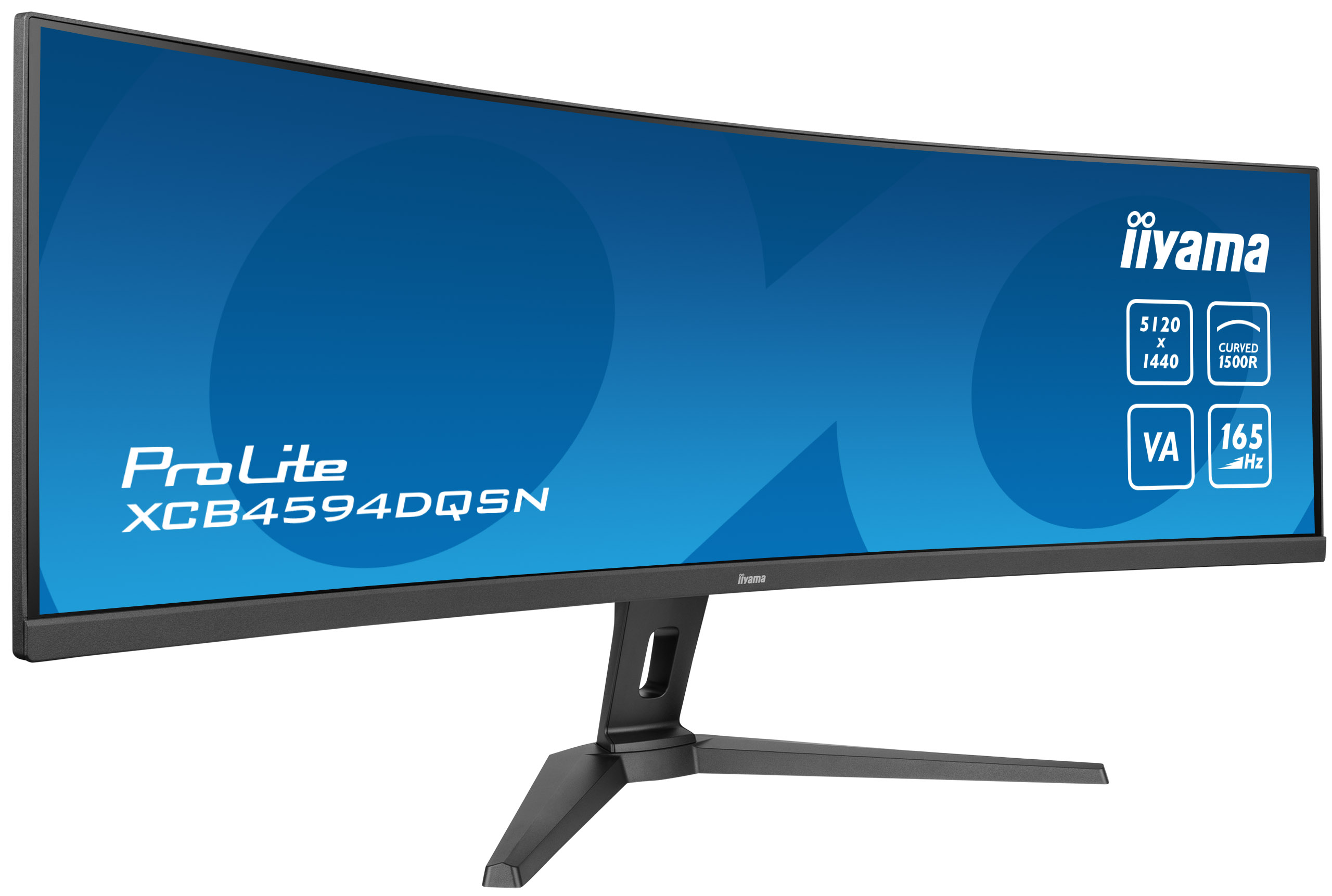 Ein gebogener Computermonitor wird auf weißem Hintergrund mit schwarzem Rahmen gezeigt.