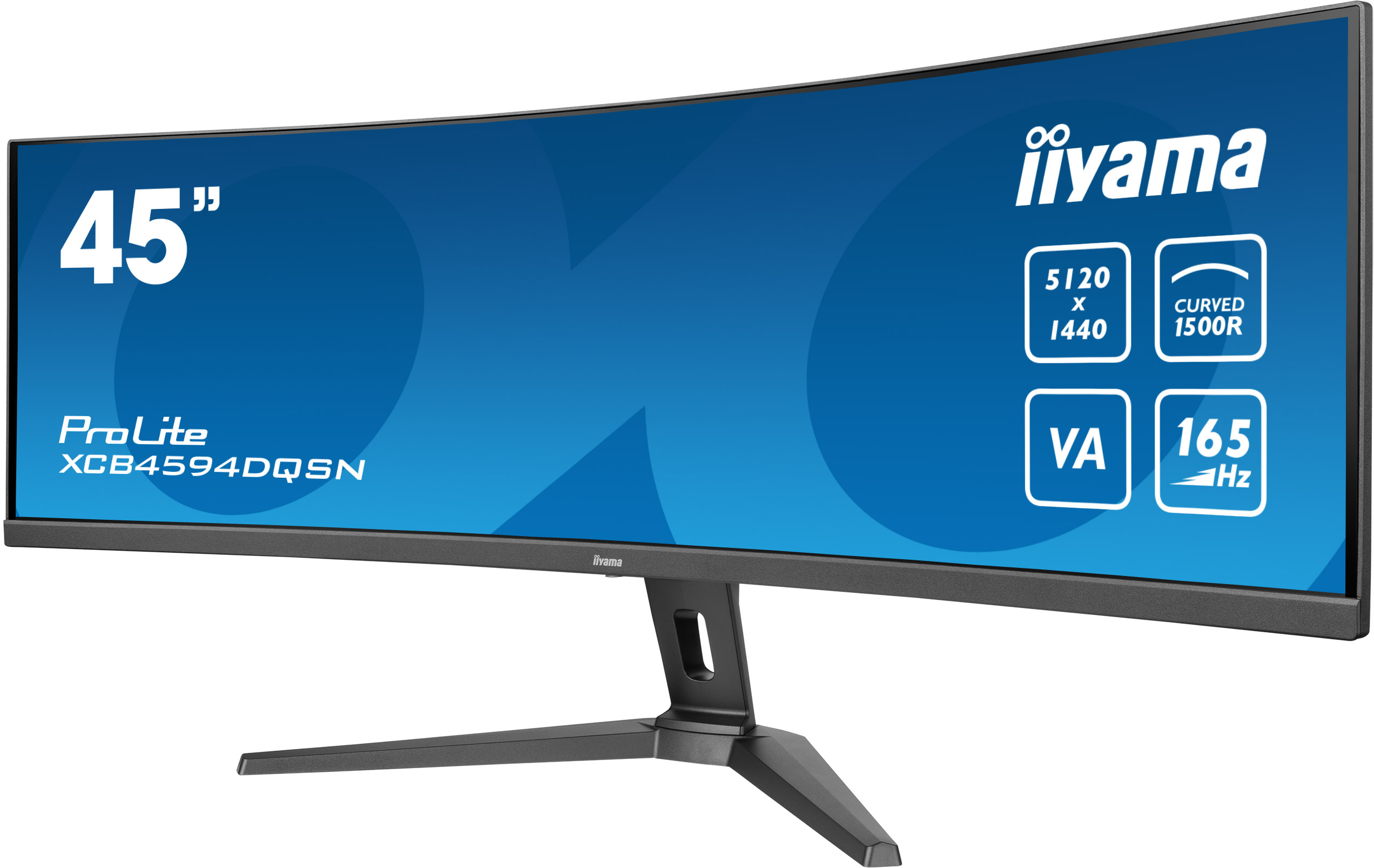 Gebogener Gaming-Monitor mit Text auf dem Bildschirm und einem schwarzen Ständer.