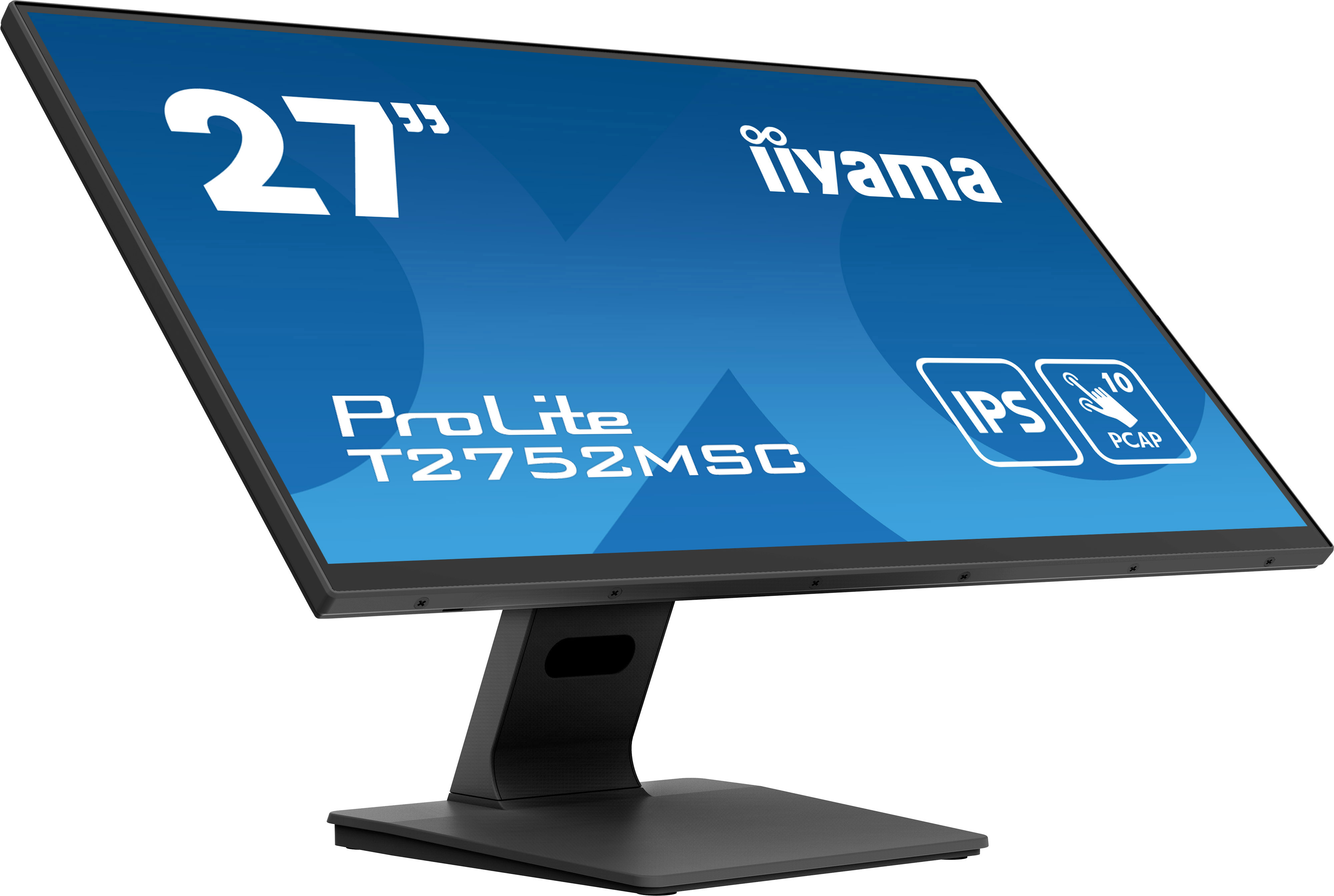 Ein schwarzer und grauer Computermonitor mit Ständer, zeigt das iiyama-Logo.