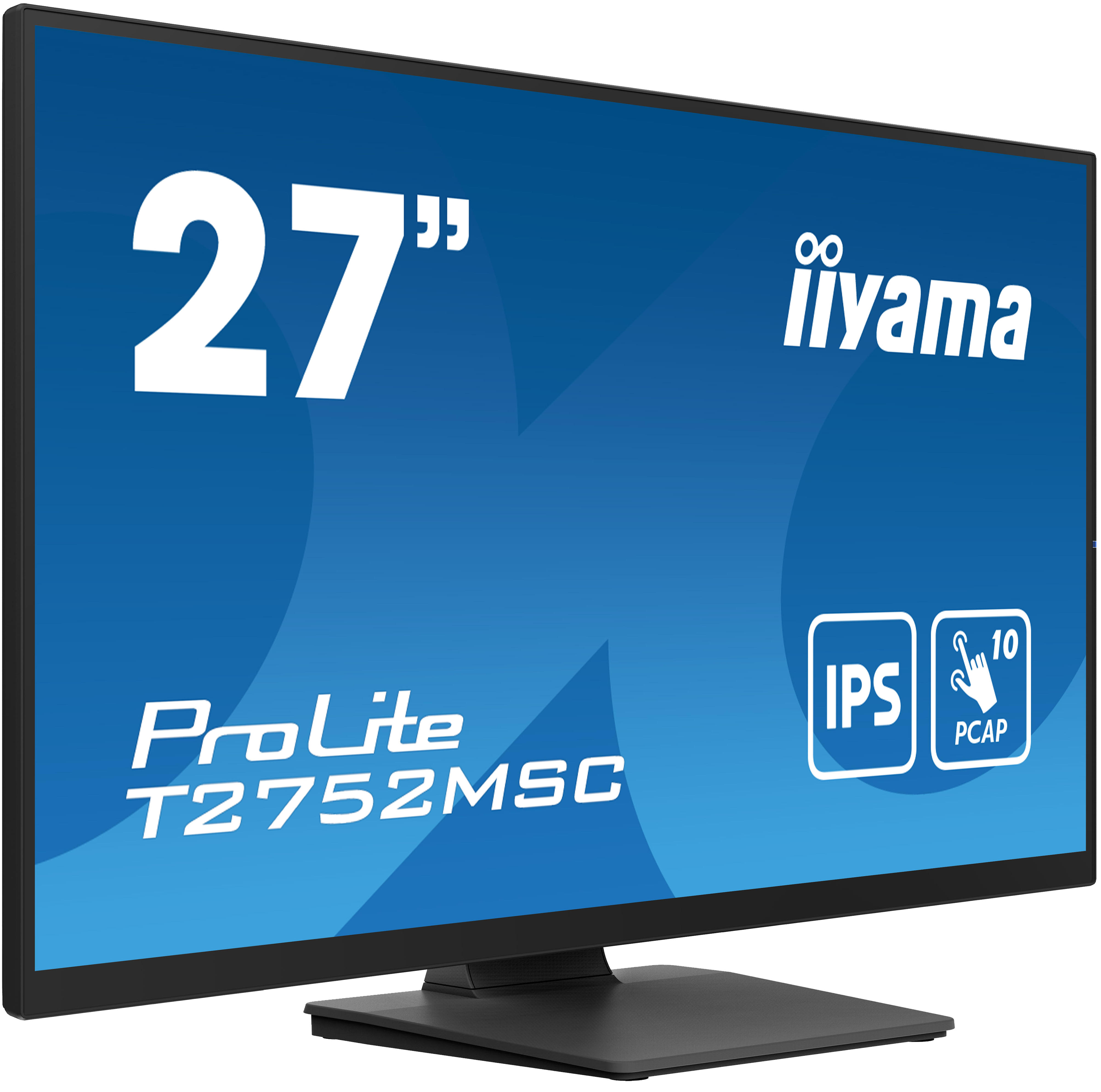 27-Zoll Iiyama ProLite Monitor, blauer Hintergrund. Zeigt Modellnamen und IPS, PCAP Logos. Schwarzer Rahmen.