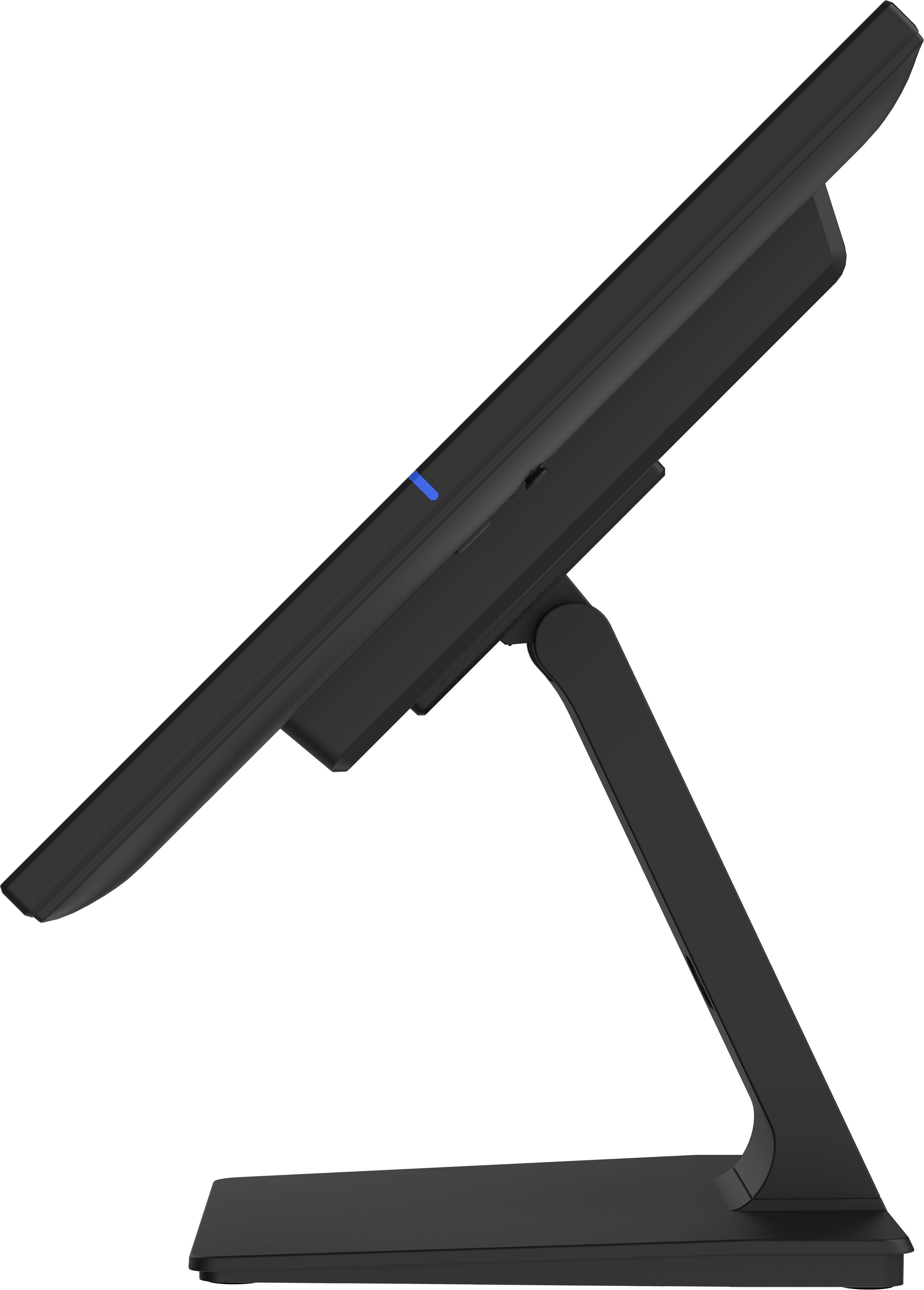 Schwarzer Computermonitor, Seitenansicht. Ständer und Bildschirm sichtbar. Isoliert auf weißem Hintergrund.