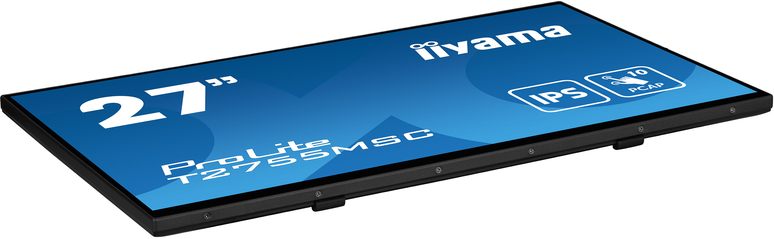 Monitor-Set, 27" mit "iiyama" Logo, "ProLite T2755MSC" Text und IPS Logo. Mehrere Ansichten.