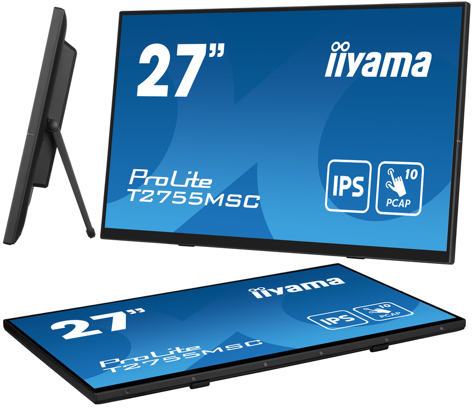 27" schwarzer Monitor mit "iiyama" Logo, "ProLite T2755MSC" Text und IPS Logo.