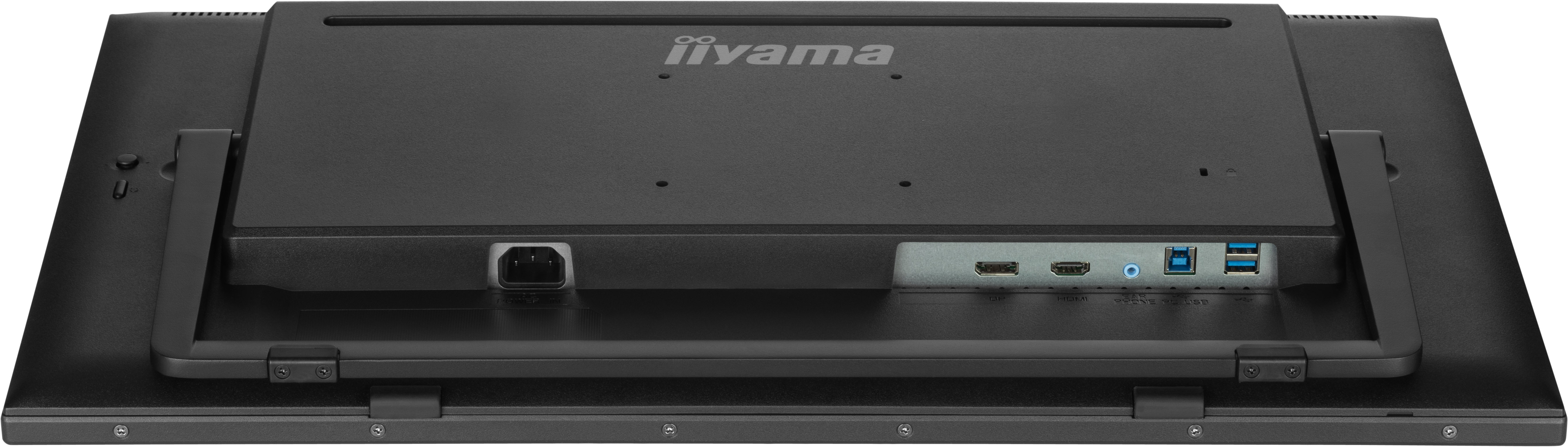 Die Rückseite eines schwarzen Monitors mit mehreren Anschlüssen und dem iiyama-Logo.