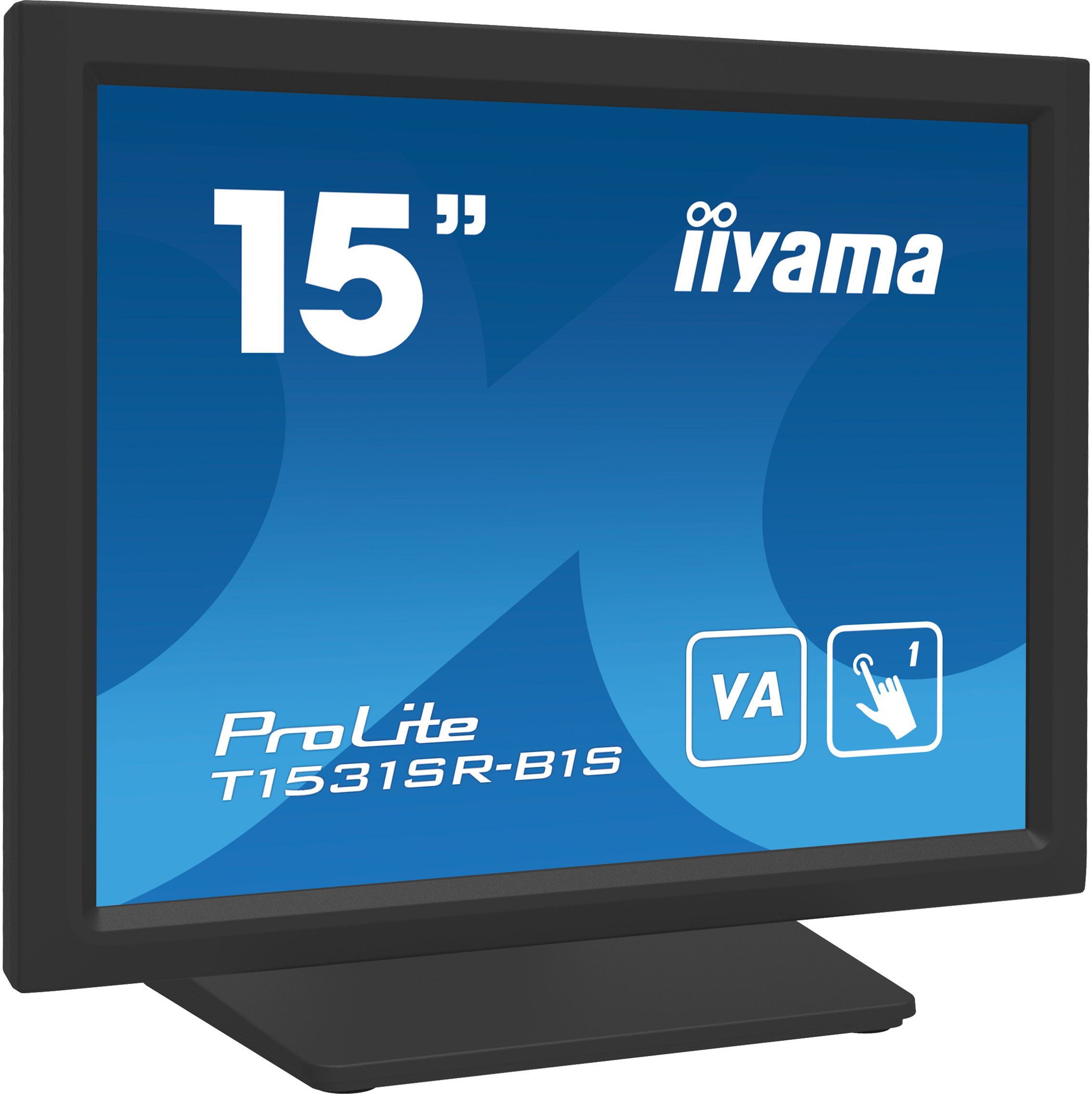 Ein 15-Zoll-iiyama ProLite Monitor auf einem schwarzen Ständer, mit blauem Hintergrund.