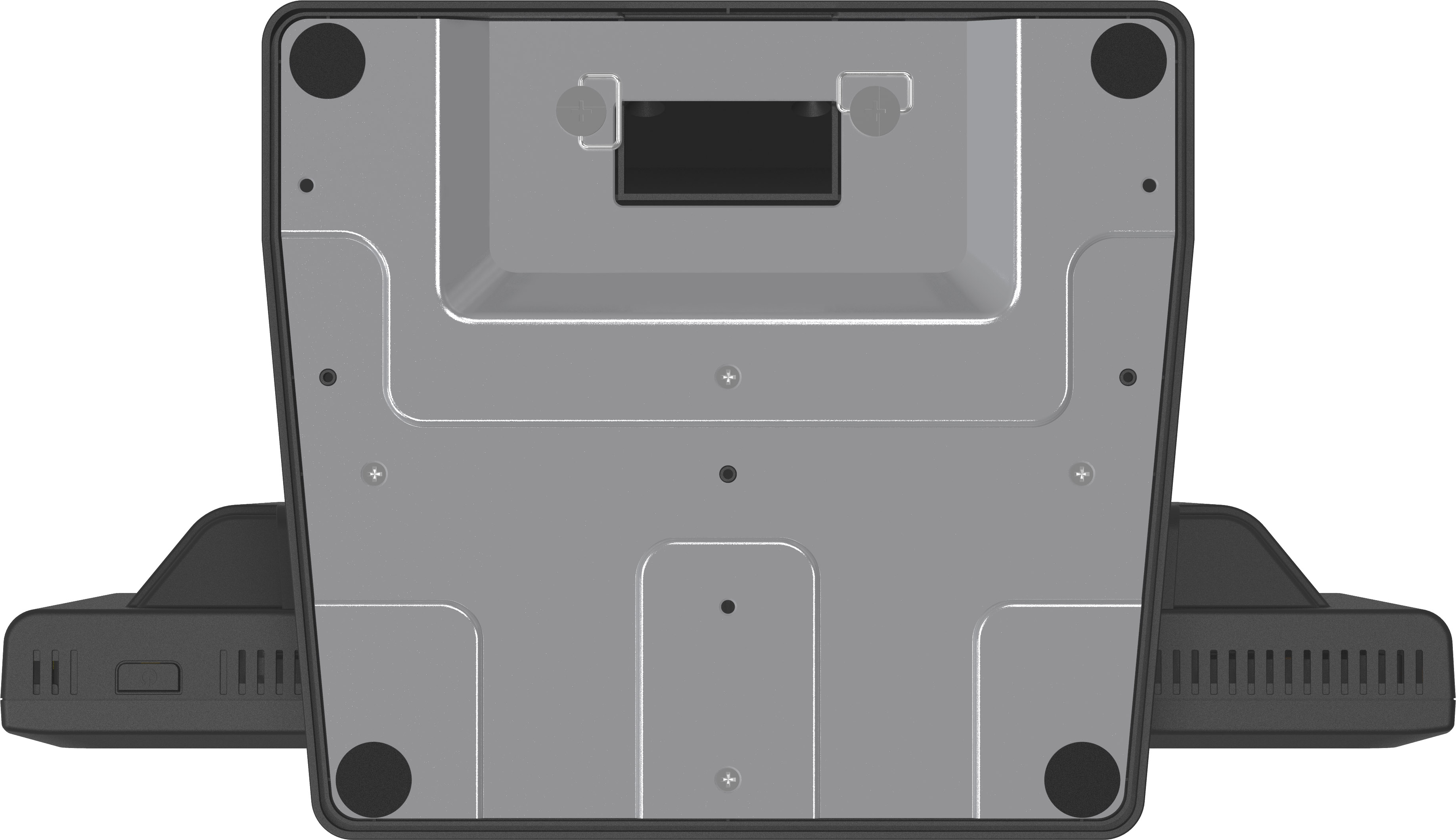 Unterseite eines Geräts mit Metallplatte, Schrauben und schwarzen Pads.