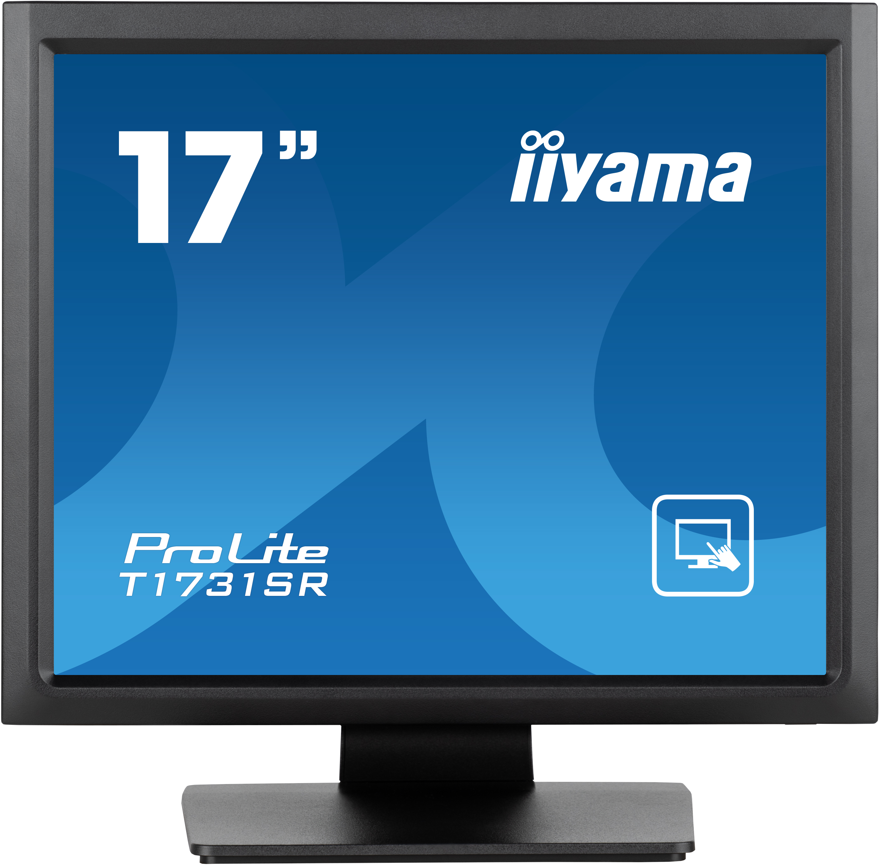 Ein schwarzer 17-Zoll-iiyama-Monitor mit blau-weißem Hintergrund.