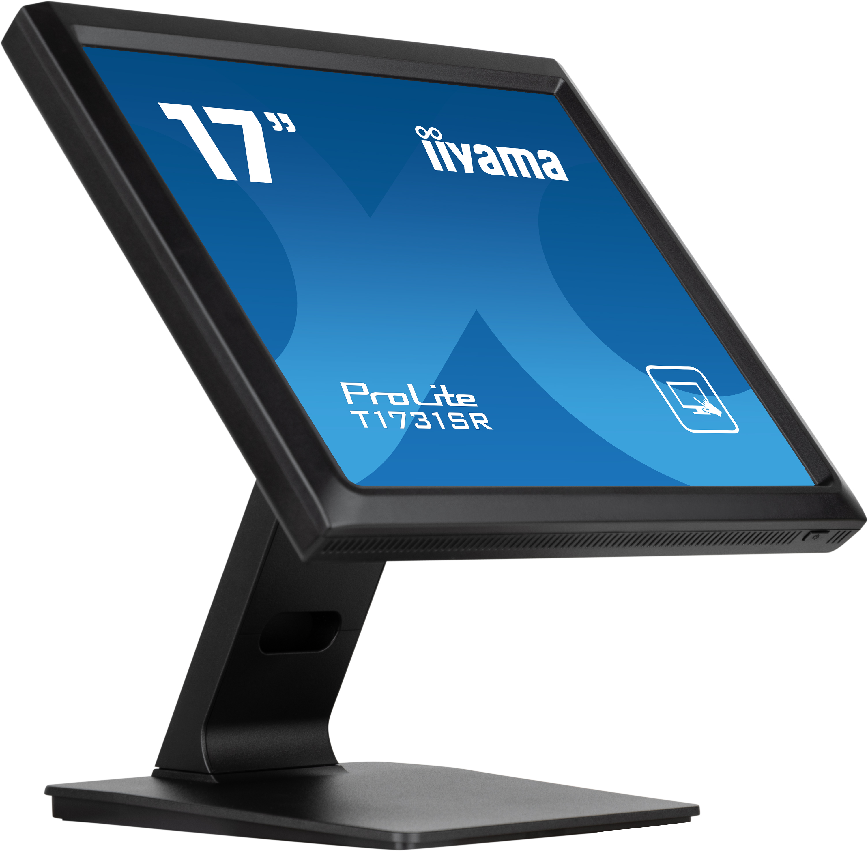 Ein schwarzer Monitor auf einem schwarzen Ständer. Der Bildschirm ist blau mit weißem Text und einem Touchscreen-Symbol.