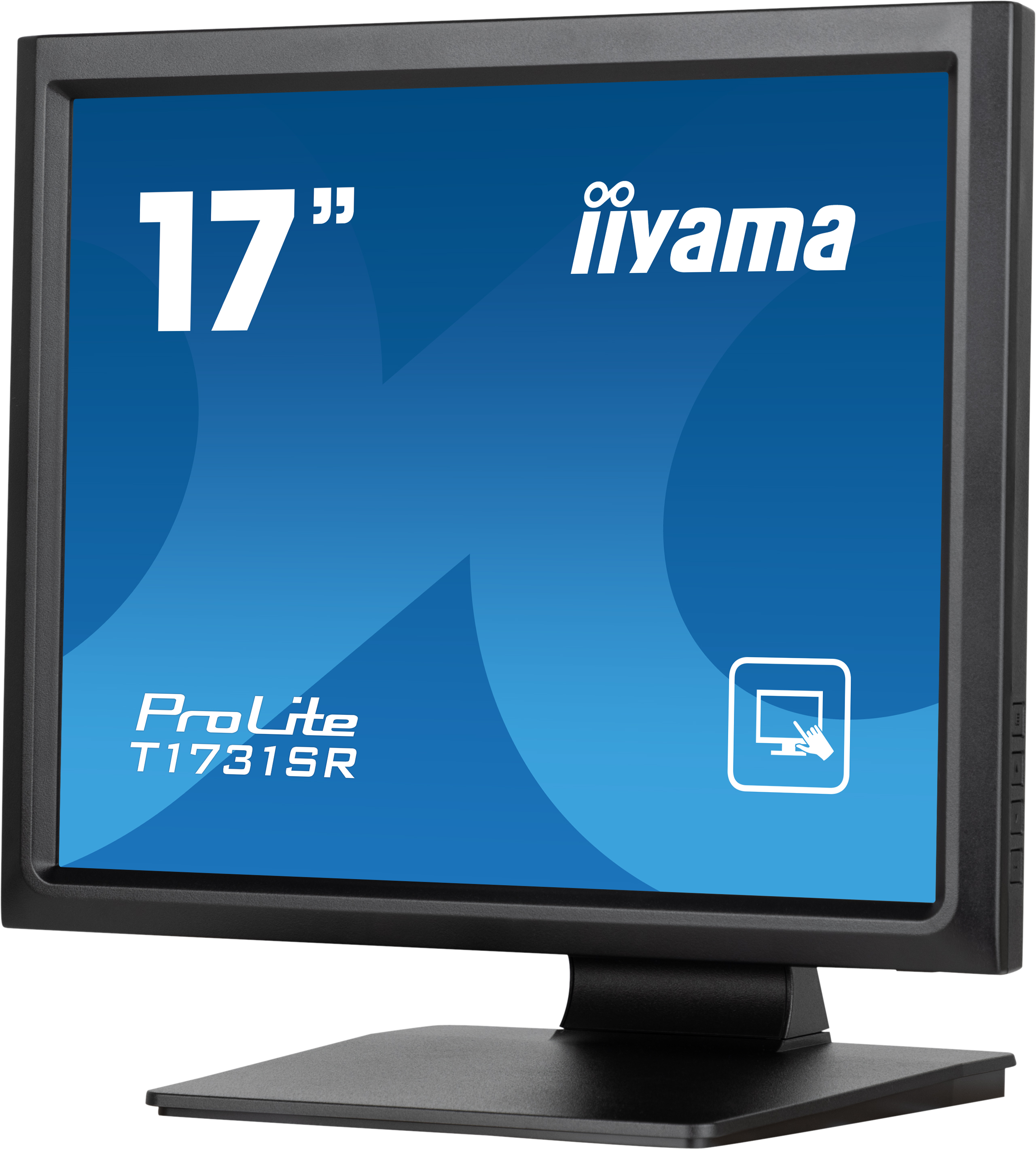 17-Zoll-Iiyama-Monitor mit schwarzem Rahmen und blauem Bildschirm.