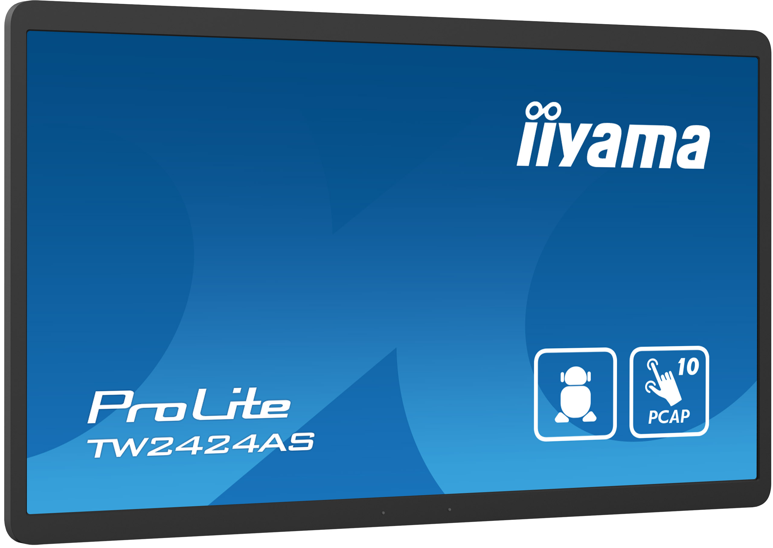 Großer Touchscreen-Monitor, schwarzer Rahmen, blauer Hintergrund, iiyama-Logo und Symbole.