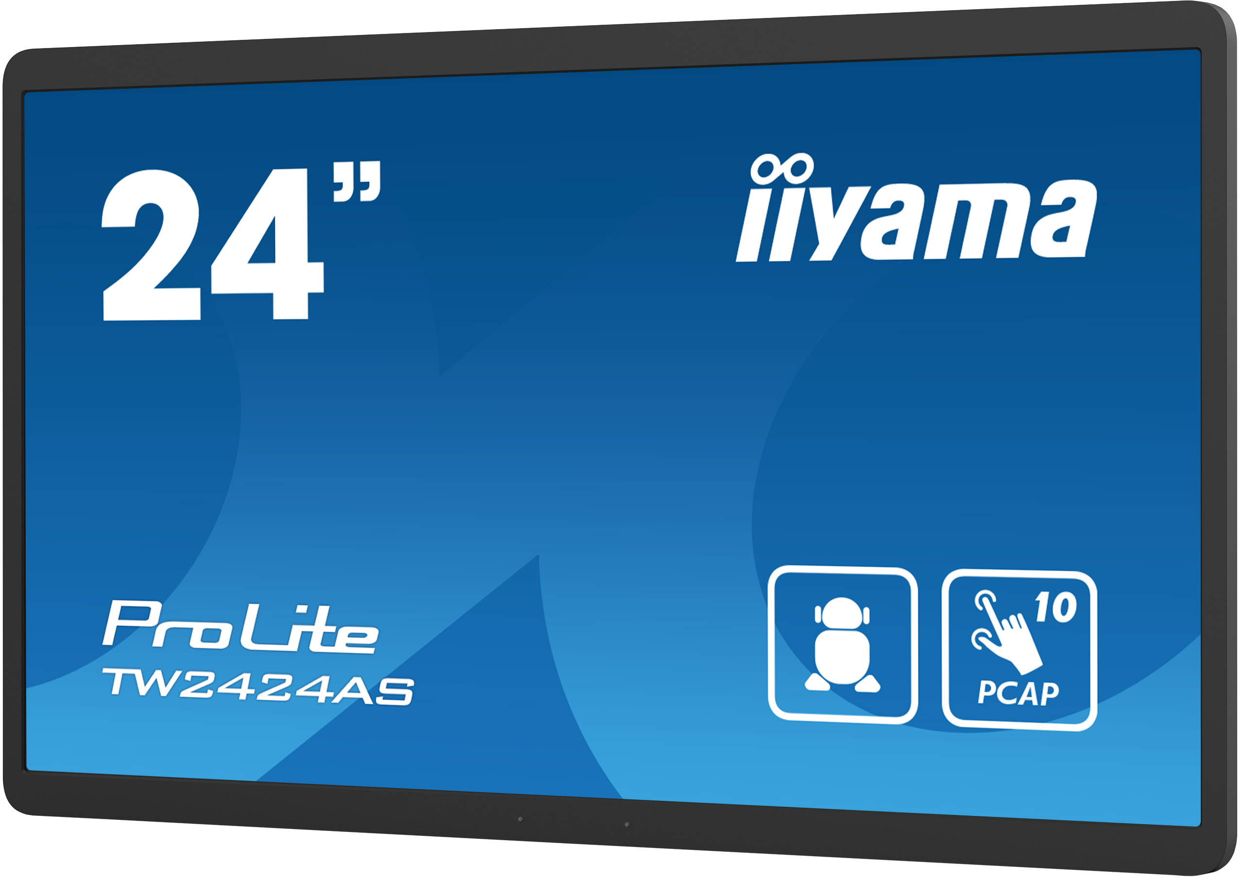 Ein 24-Zoll-iiyama ProLite-Touchscreen-Monitor, Modell TW2424AS, auf blauem Hintergrund.