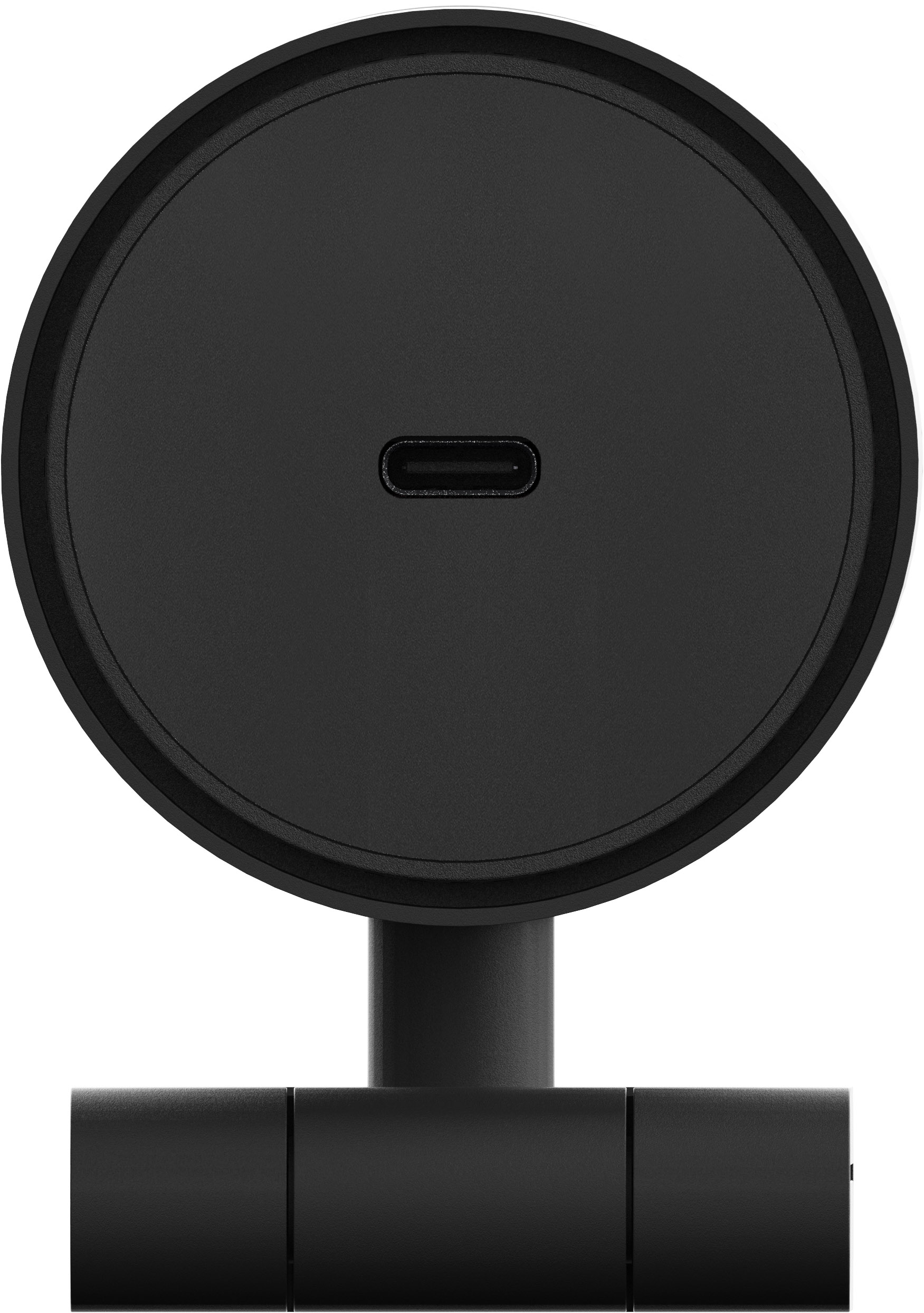 Eine Unteransicht einer schwarzen Webcam mit einem USB-C-Anschluss.