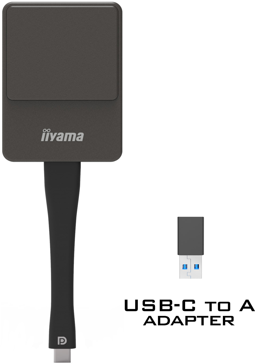 Ein schwarzer USB-C-zu-A-Adapter mit dem iiyama-Logo, mit einem separaten USB-A-Anschluss.