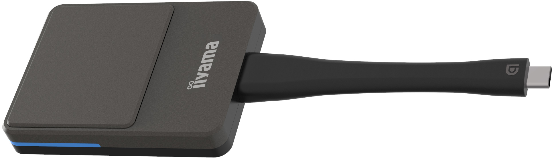 Ein schwarzer USB-C-zu-A-Adapter mit dem iiyama-Logo, schräge Ansicht.