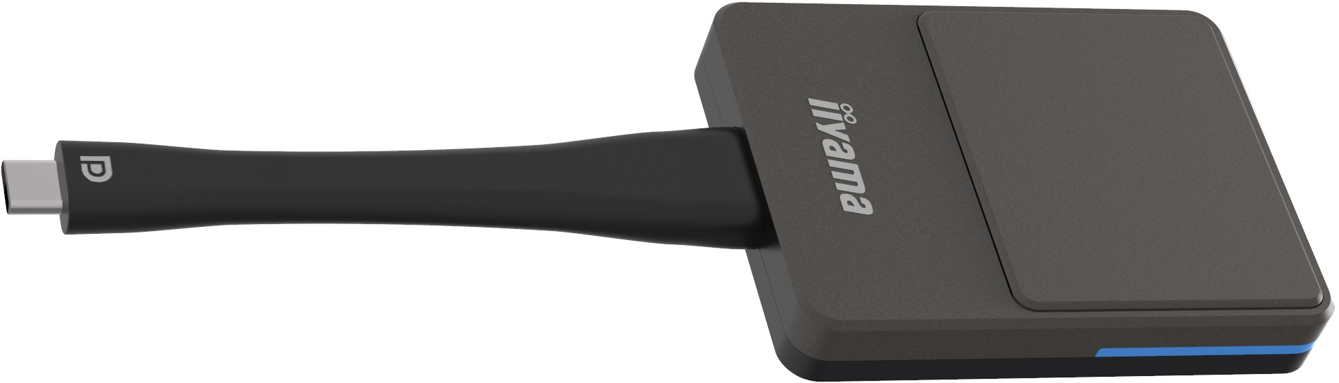 Ein schwarzer USB-C-zu-A-Adapter mit dem iiyama-Logo, schräge Ansicht.