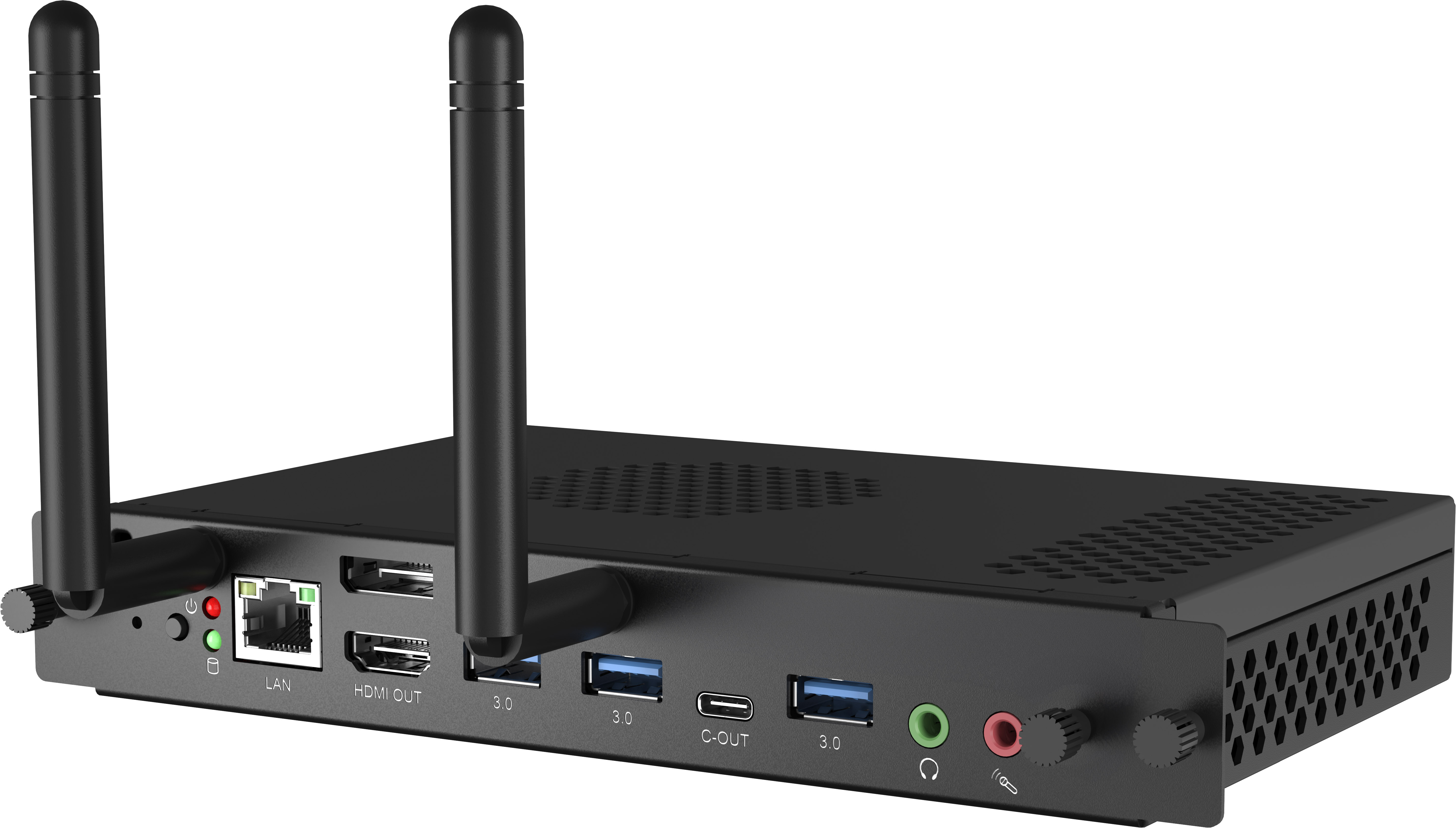 Ein schwarzer Mini-PC mit Antennen, zeigt Anschlüsse wie LAN, HDMI, USB und Audio.