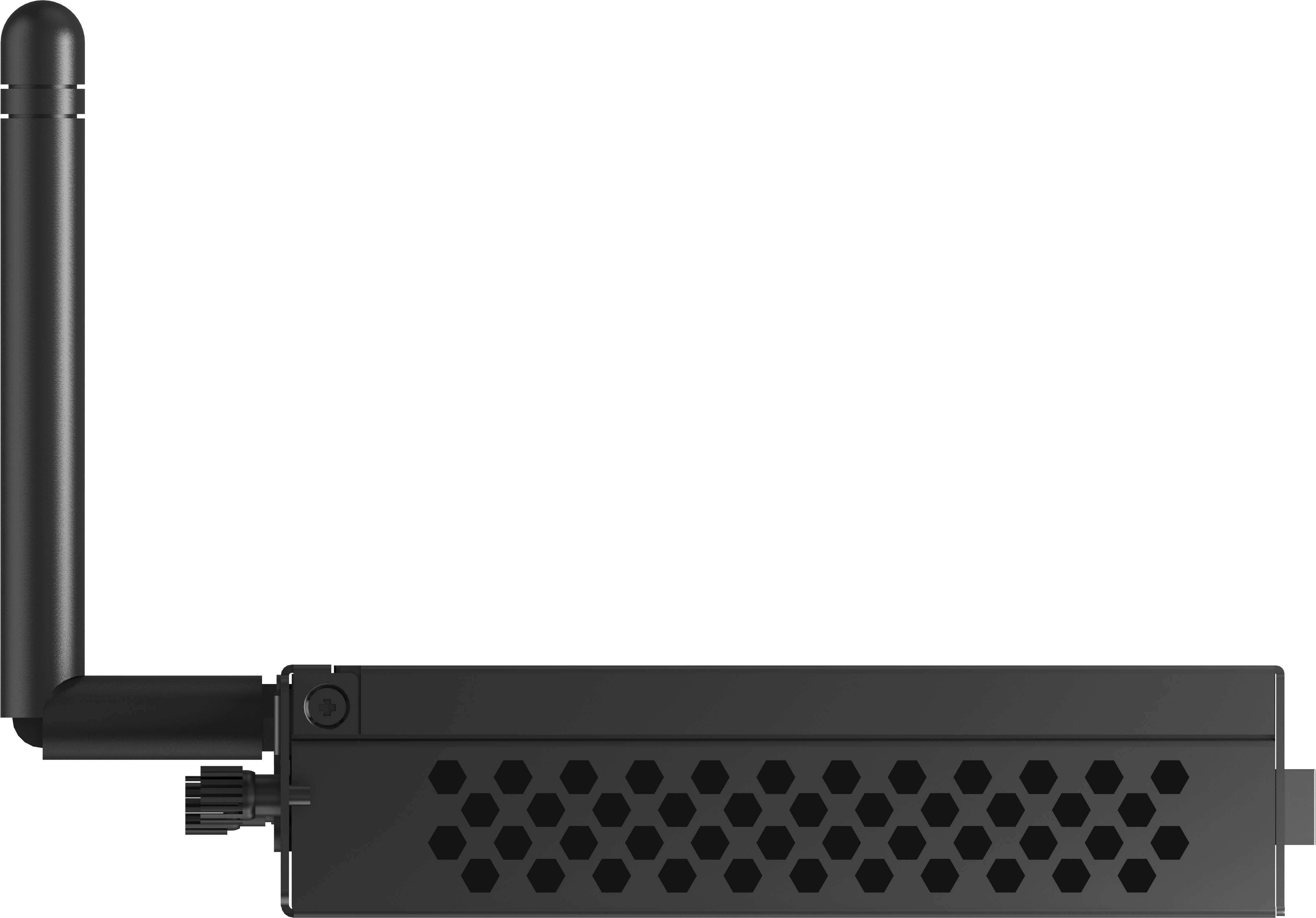 Schwarzer Router mit Antenne, Seitenansicht. Sechseckige Lüftungsschlitze. Weißer Hintergrund.
