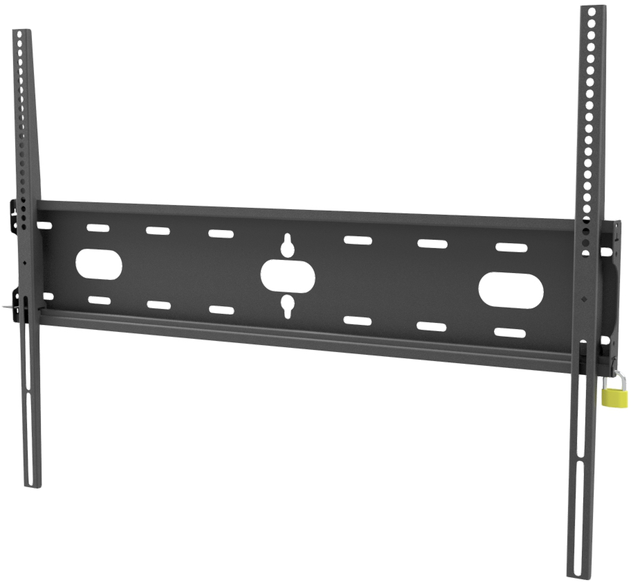 Eine schwarze TV-Halterung mit zwei vertikalen Armen mit gelbem Schloss.