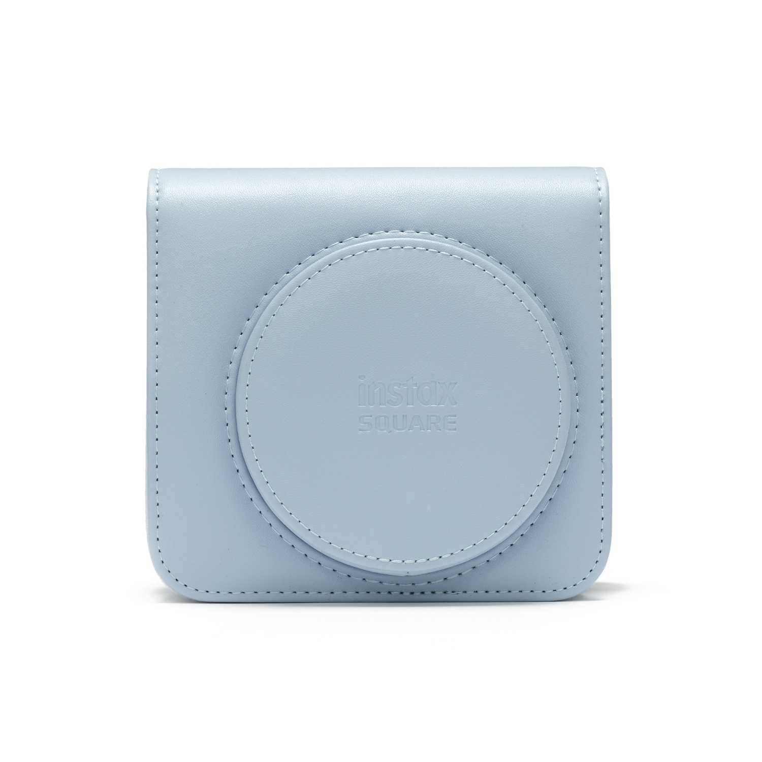 Una custodia per fotocamera Instax Square azzurra. Ha una copertura circolare.