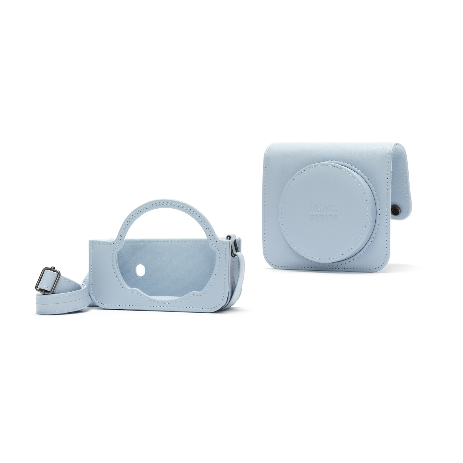 Due custodie per fotocamere quadrate instax azzurre con cinturini su sfondo bianco.