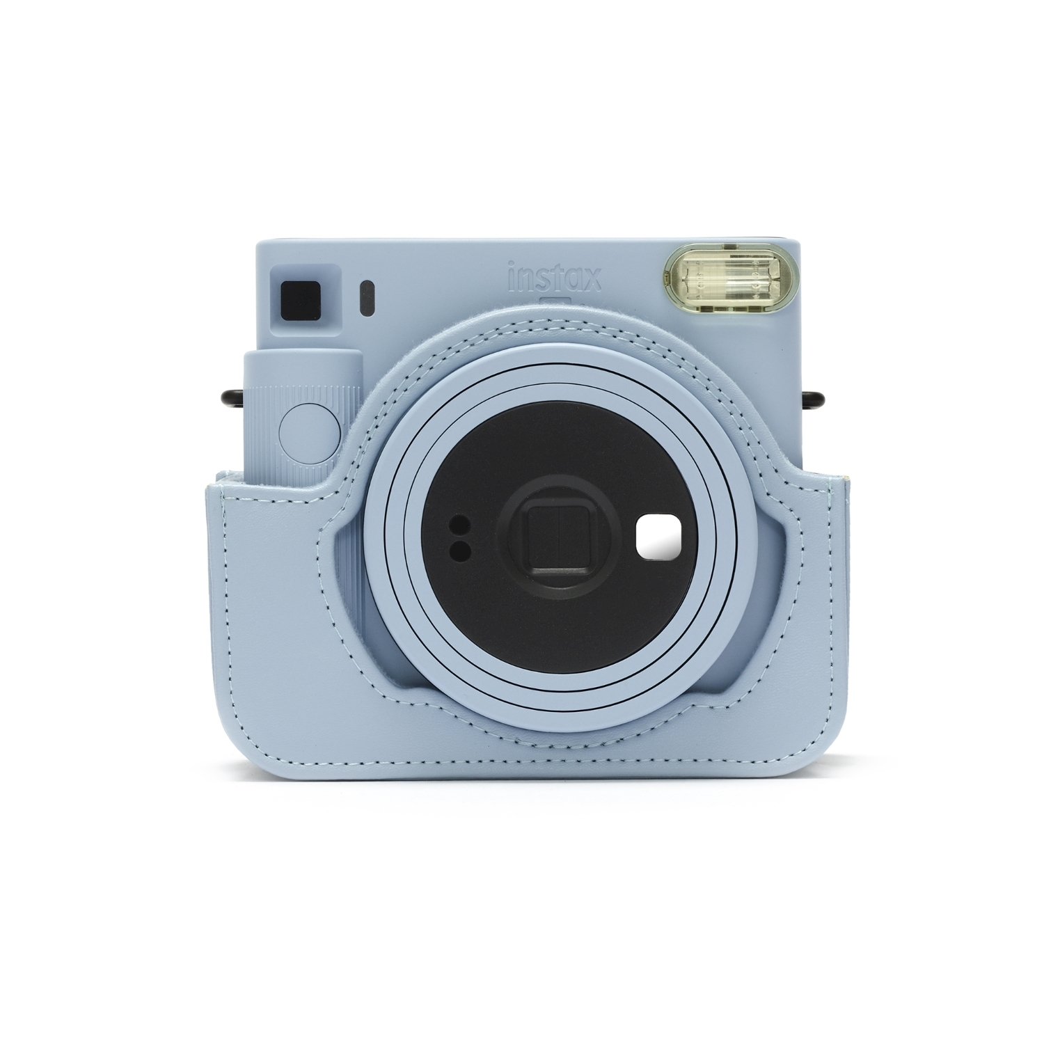 Una fotocamera Instax azzurra in una custodia protettiva abbinata.