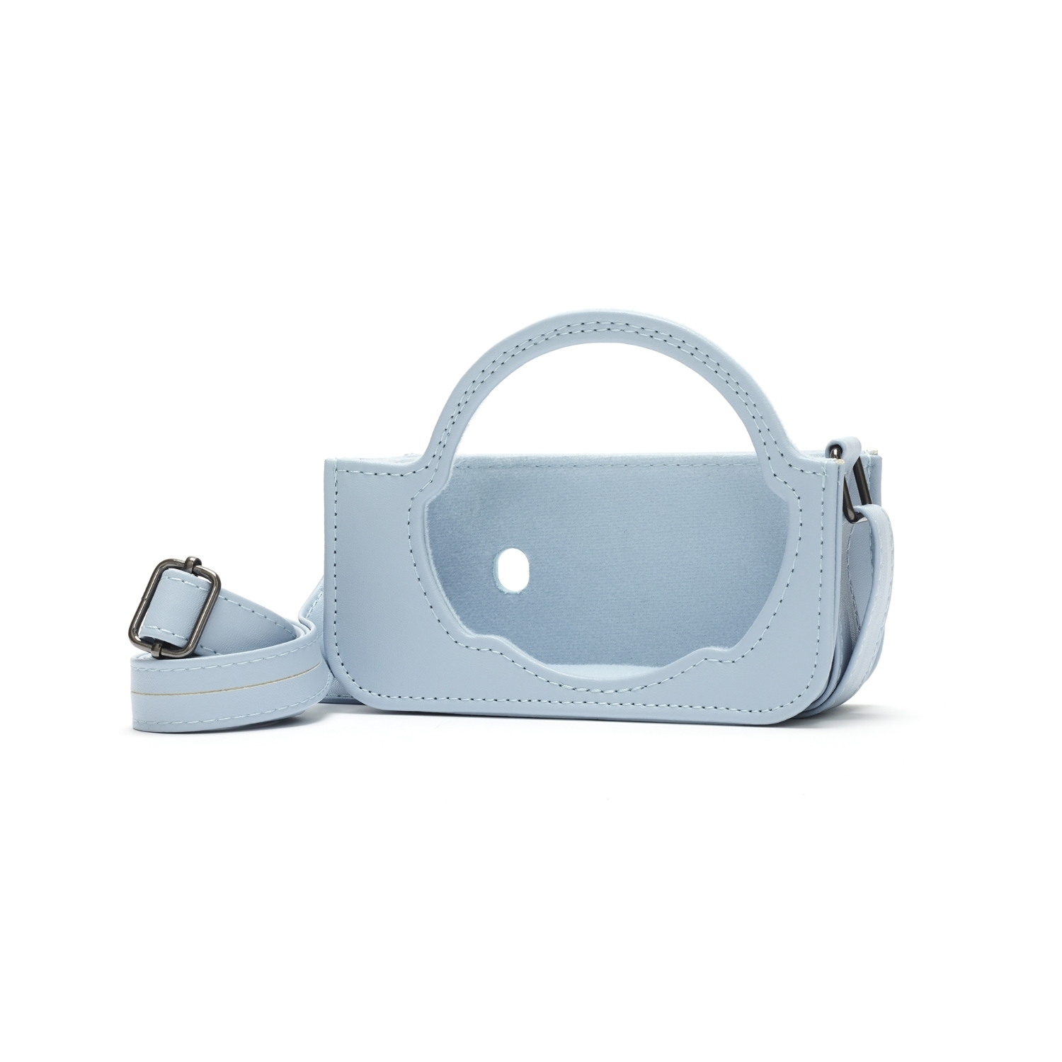 Una borsa azzurra a forma di borsetta con manico e tracolla. La borsa ha un'apertura al centro.