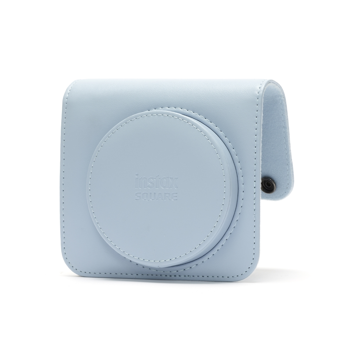 Custodia per fotocamera azzurra, forma rotonda, con chiusura magnetica. La custodia è chiusa.