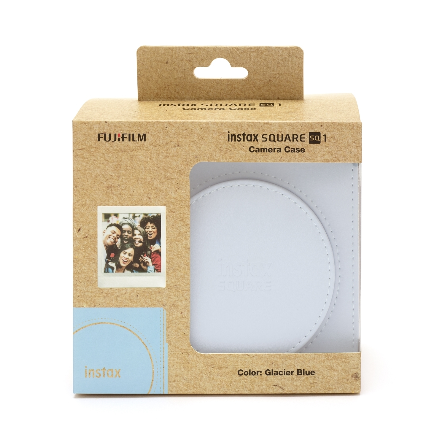 Scatola della custodia della fotocamera con una custodia della fotocamera azzurra all'interno. La scatola mostra una foto e il logo del marchio.