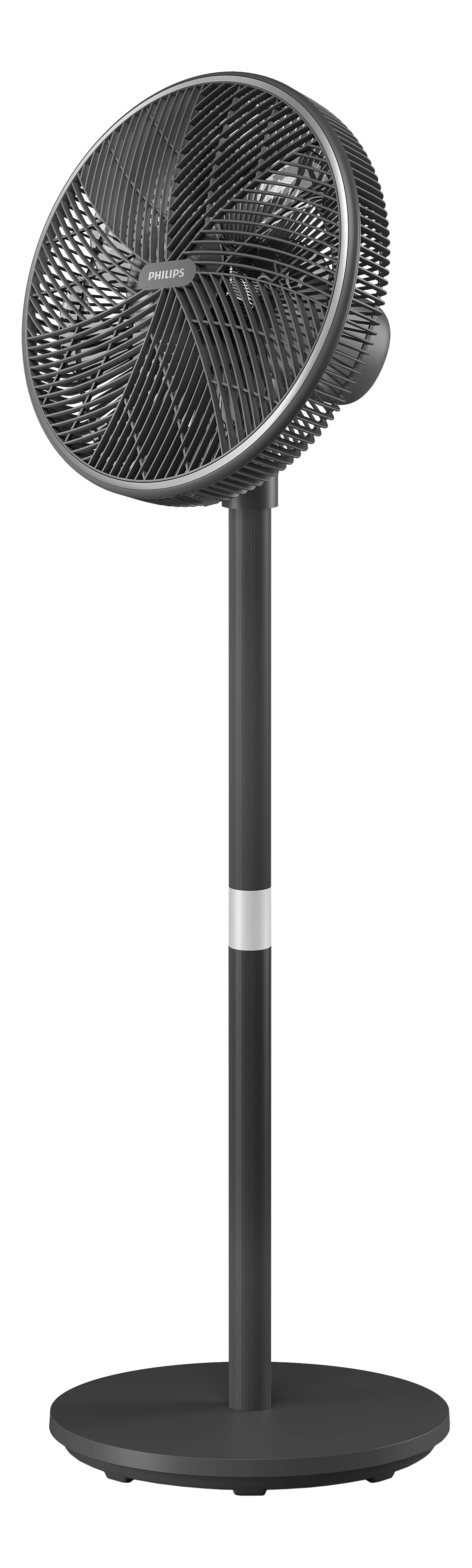 Schwarzer Standventilator. Der Ventilator hat ein kreisförmiges Design und eine silberne Blende. Der Sockel ist ebenfalls kreisförmig.