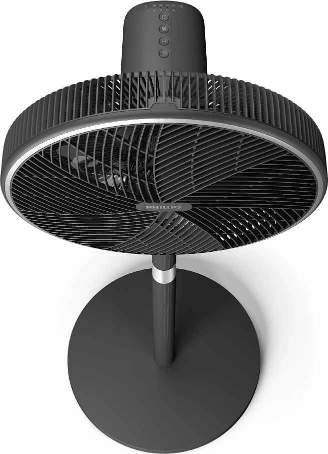 Schwarzer Philips-Ventilator, Draufsicht. Kreisförmiges Design mit mehreren Lüfterblättern. Schwarzer Ständer.