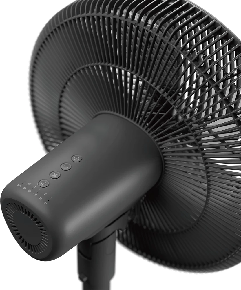 Schwarzer Philips-Ventilator, Nahaufnahme. Zeigt die Rückseite des Ventilatorkopfes. Lüfterblätter und Bedienelemente.