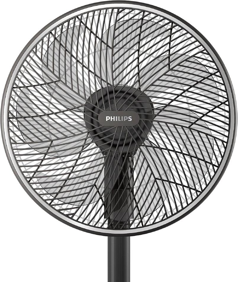 Schwarzer Philips-Ventilator, Vorderansicht. Kreisförmiges Design mit Lüfterblättern. Silberne Blende.