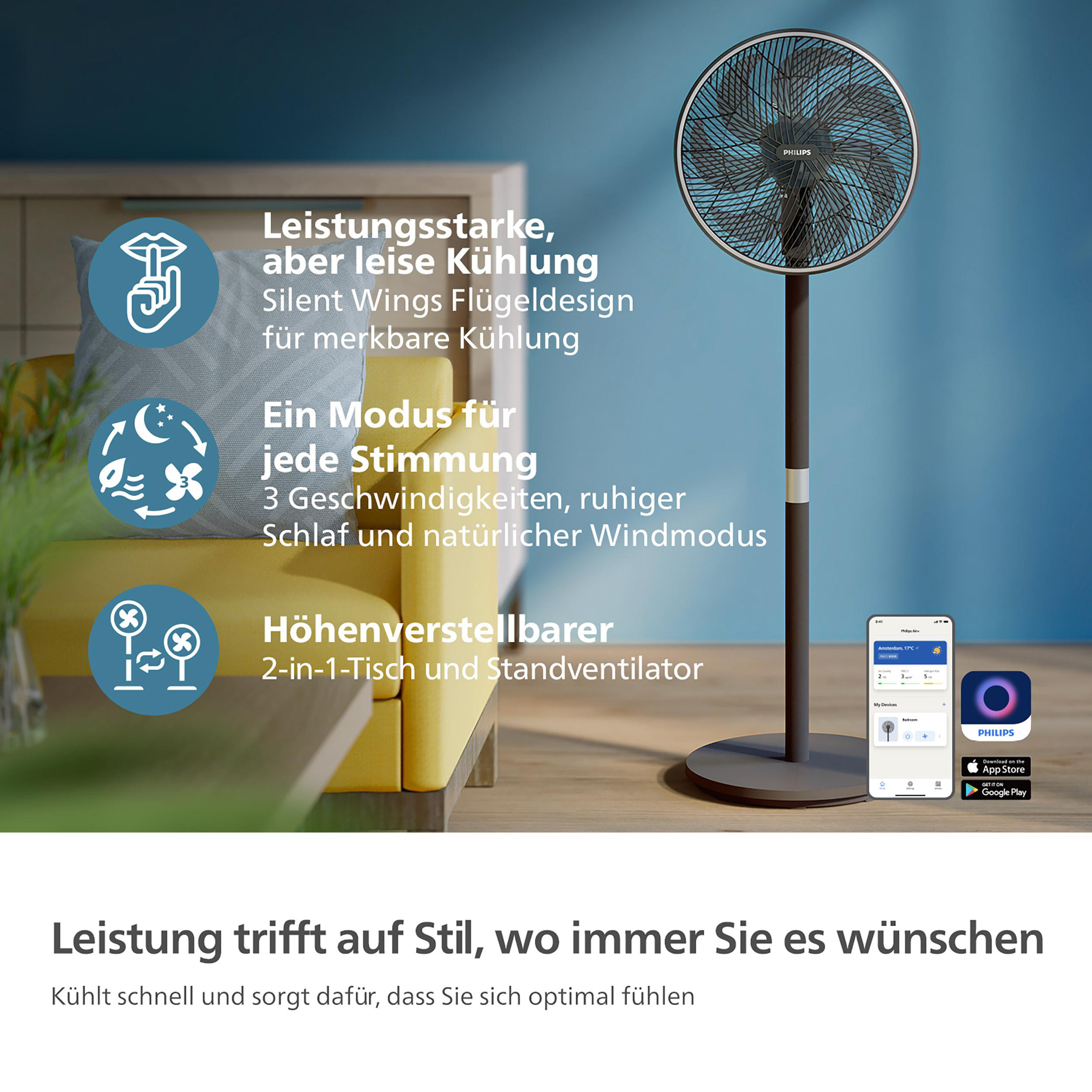 Ein weiß-schwarzer Philips-Ventilator auf einer gelben Couch. Mobiltelefon mit App.