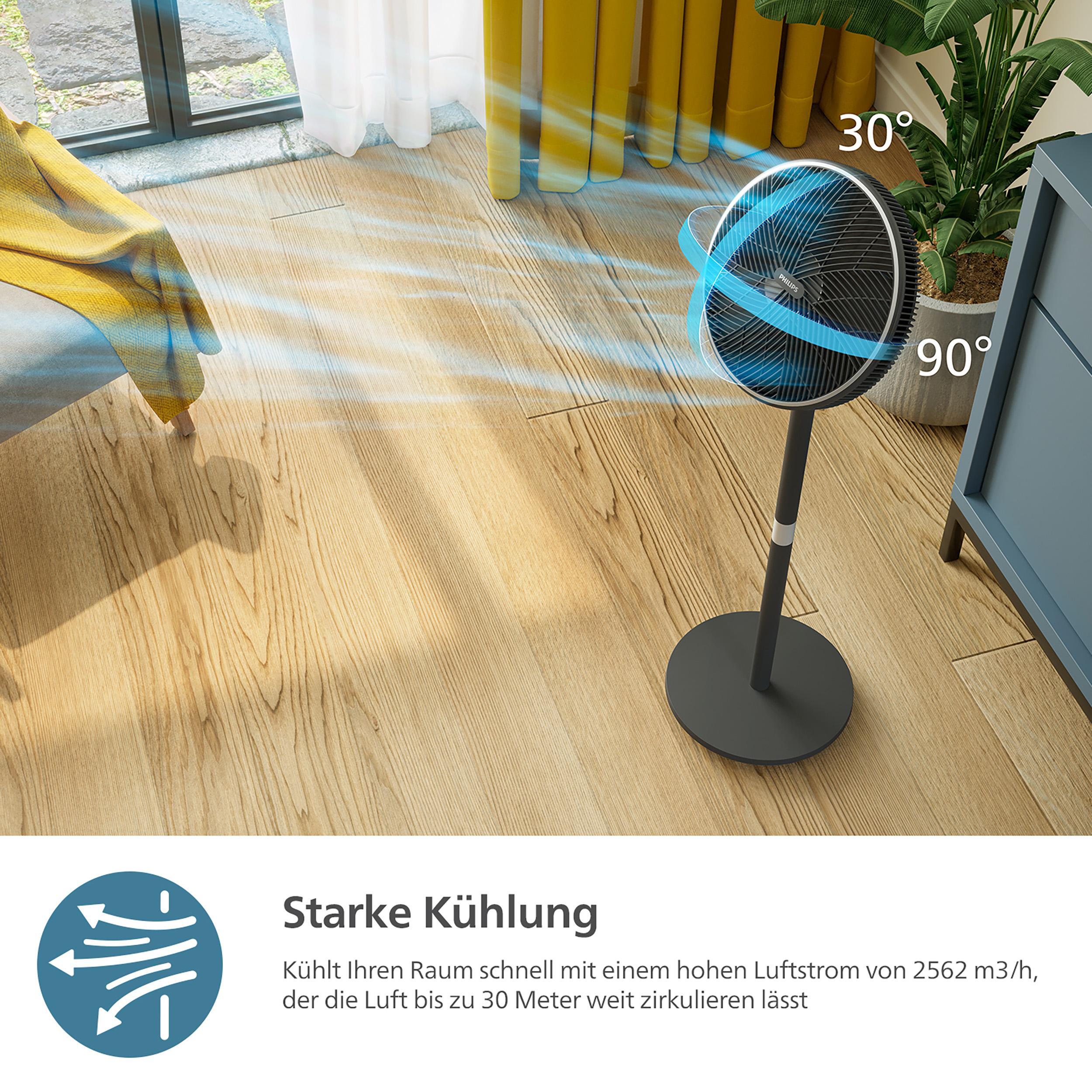 Ein schwarzer und blauer Standventilator mit Text.