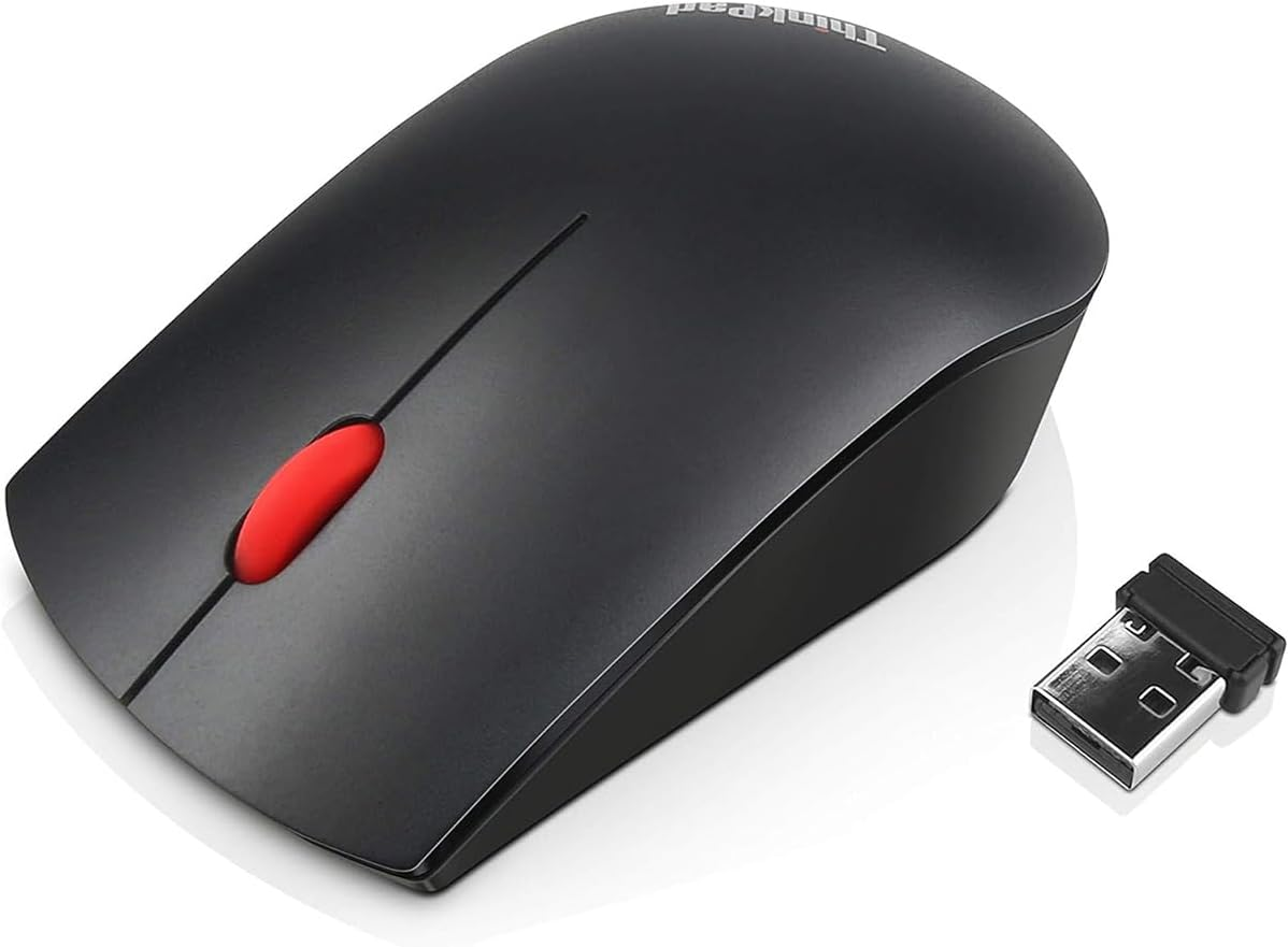Eine schwarze drahtlose ThinkPad-Maus und ihr USB-Empfänger.