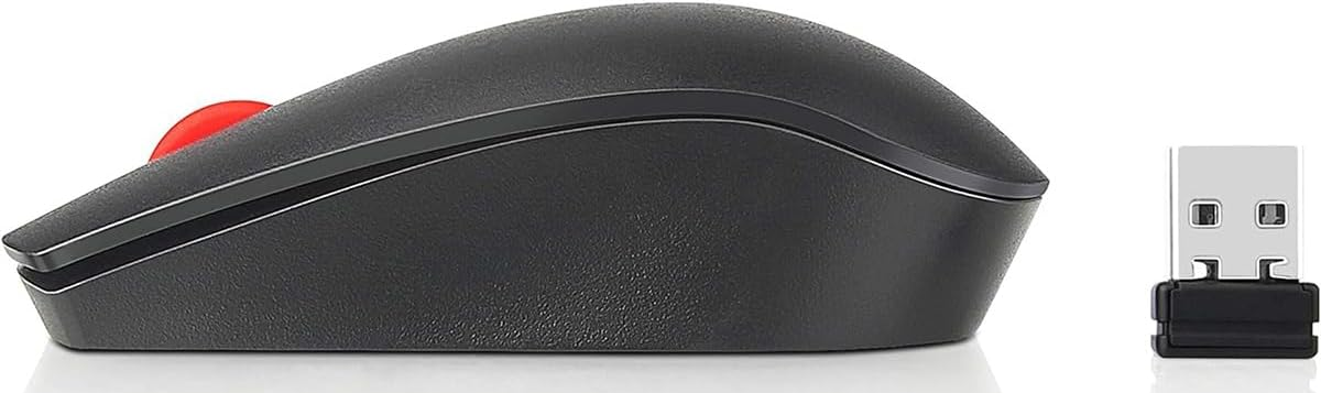 Schwarze Maus mit rotem Scrollrad, rechts ein USB-Empfänger.