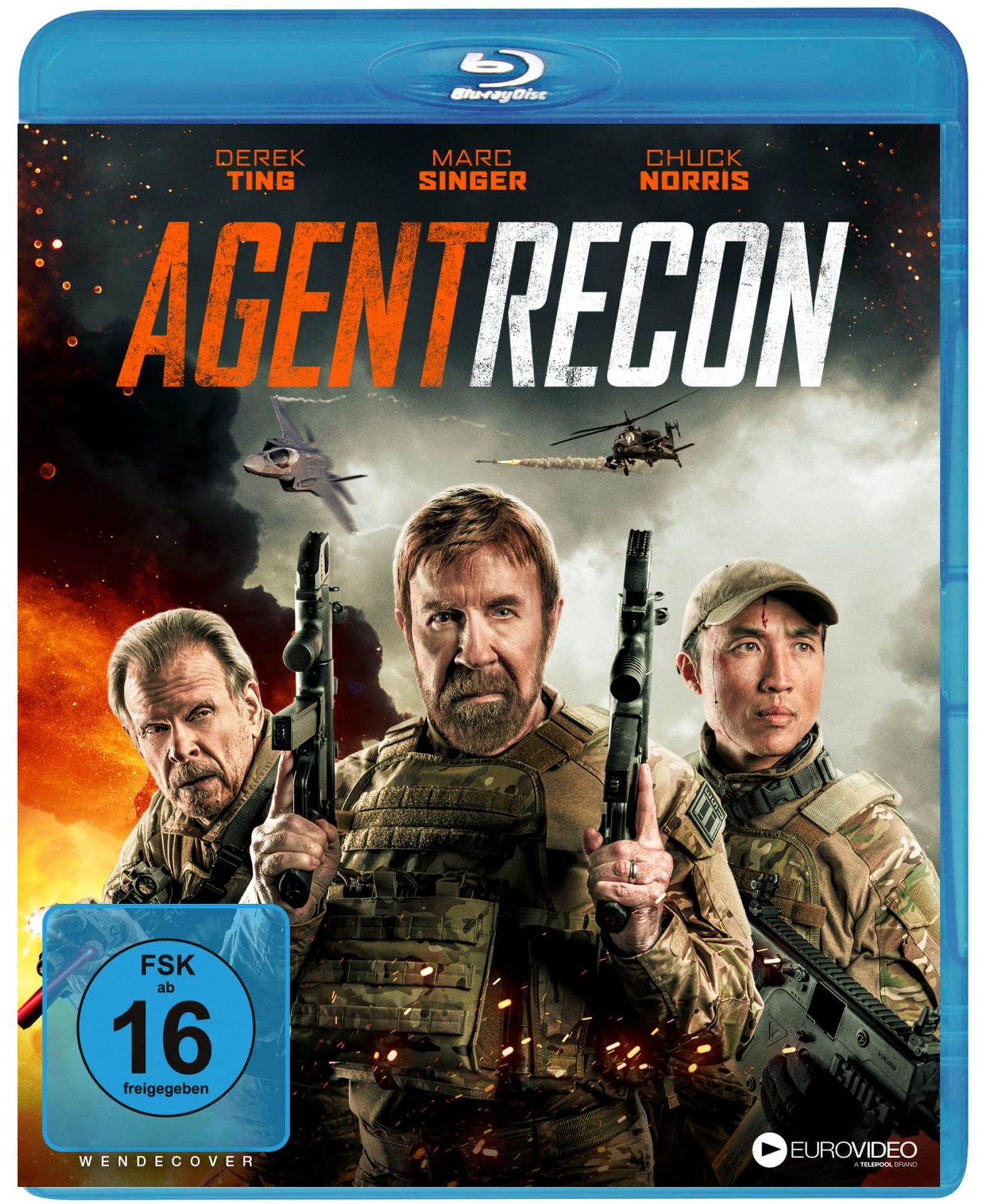 Filmcover mit drei bewaffneten Männern. Der Titel lautet 'AGENT RECON', Chuck Norris ist einer der Schauspieler.