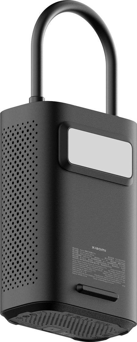 Una pompa d'aria portatile nera con manico, schermo e logo Xiaomi.