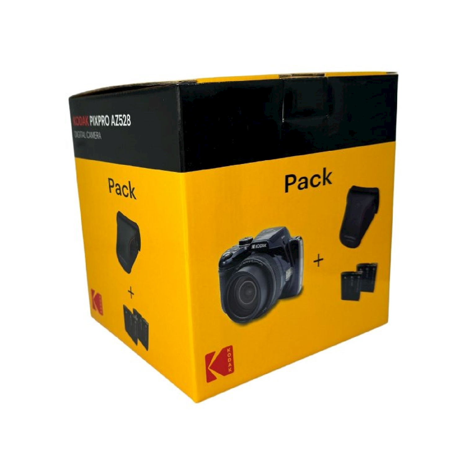 Un kit fotocamera Kodak in scatola, giallo e nero, con fotocamera e accessori.